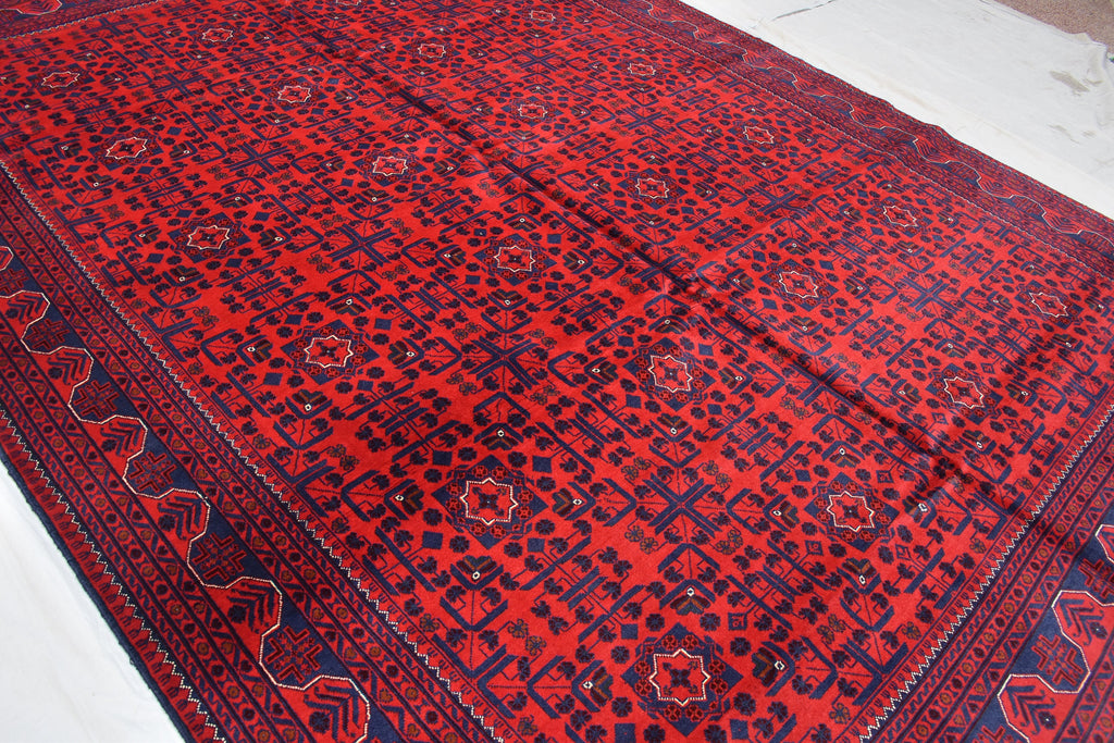 8x11 Hand-knotted Afghan Tribal Traditional Bukhara Pattern Rug, Rich Red and Navy Blue Rug, Perfect for Living Room, Bedroom Rug, 11.5x8.1