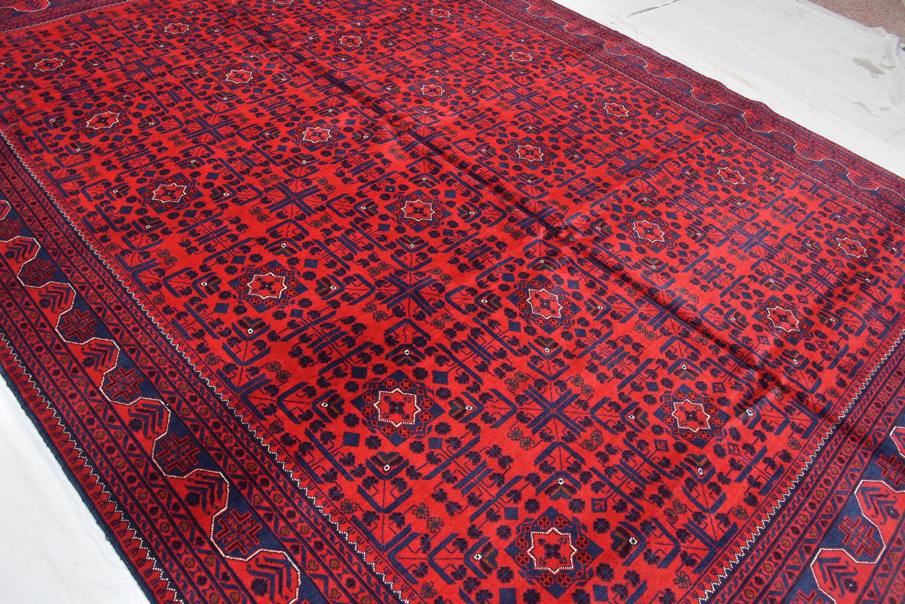 8x11 Hand-knotted Afghan Tribal Traditional Bukhara Pattern Rug, Rich Red and Navy Blue Rug, Perfect for Living Room, Bedroom Rug, 11.5x8.1