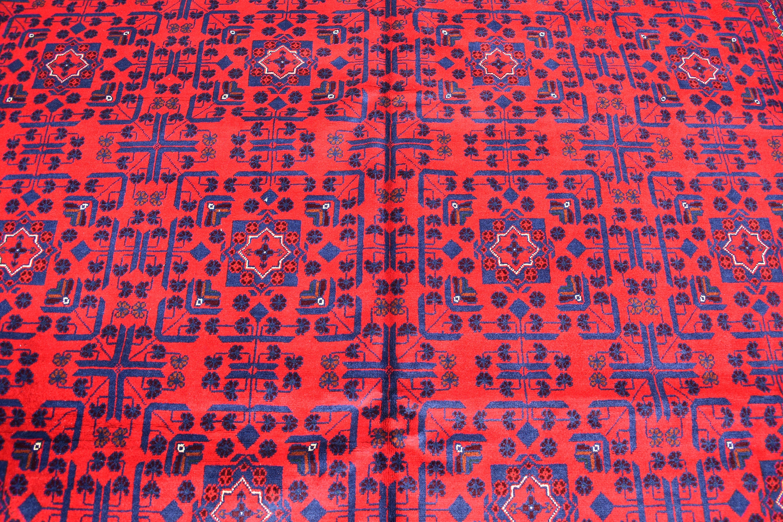 8x11 Hand-knotted Afghan Tribal Traditional Bukhara Pattern Rug, Rich Red and Navy Blue Rug, Perfect for Living Room, Bedroom Rug, 11.5x8.1