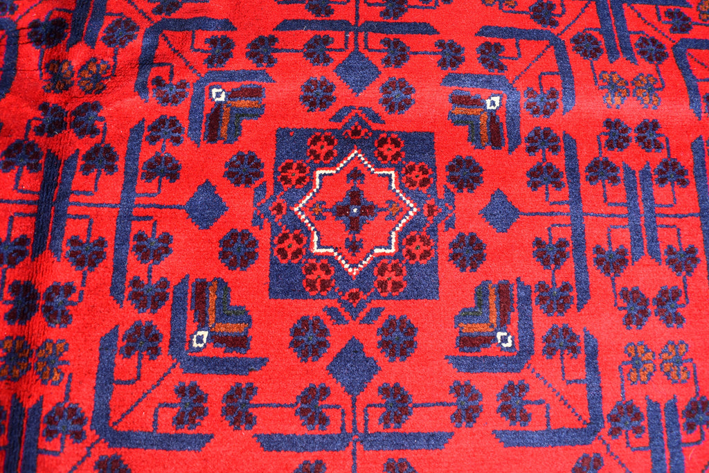 8x11 Hand-knotted Afghan Tribal Traditional Bukhara Pattern Rug, Rich Red and Navy Blue Rug, Perfect for Living Room, Bedroom Rug, 11.5x8.1