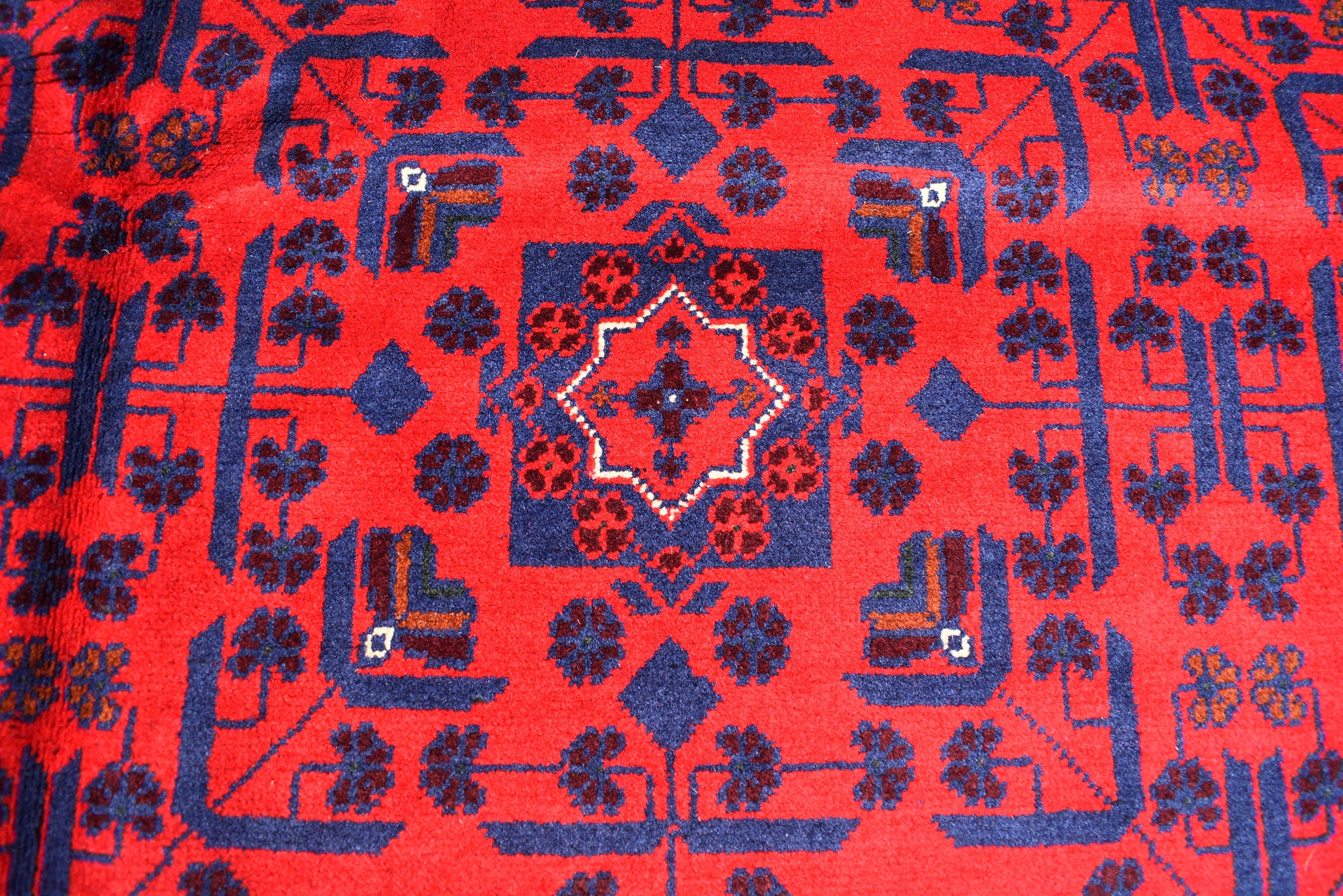 8x11 Hand-knotted Afghan Tribal Traditional Bukhara Pattern Rug, Rich Red and Navy Blue Rug, Perfect for Living Room, Bedroom Rug, 11.5x8.1