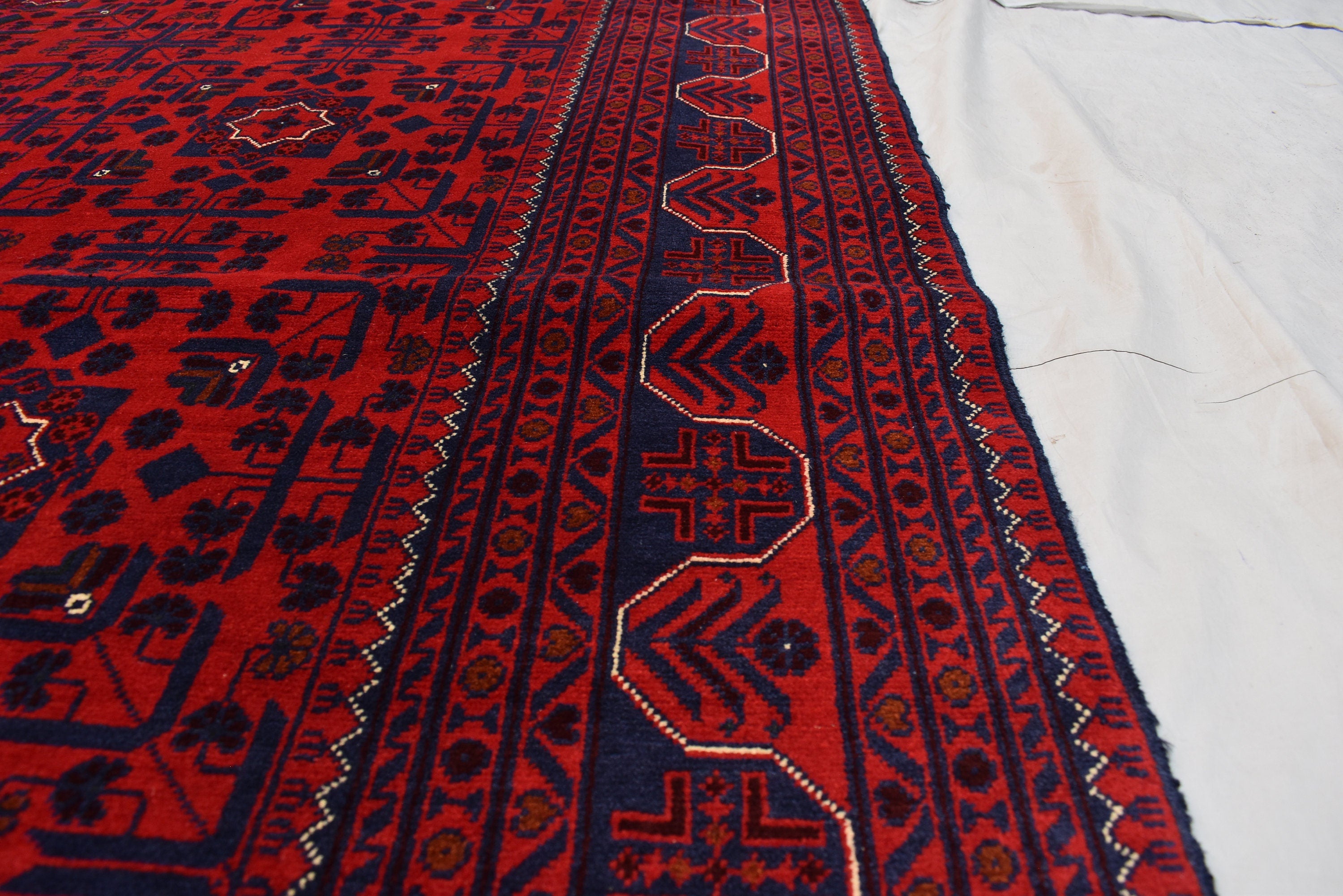 8x11 Hand-knotted Afghan Tribal Traditional Bukhara Pattern Rug, Rich Red and Navy Blue Rug, Perfect for Living Room, Bedroom Rug, 11.5x8.1