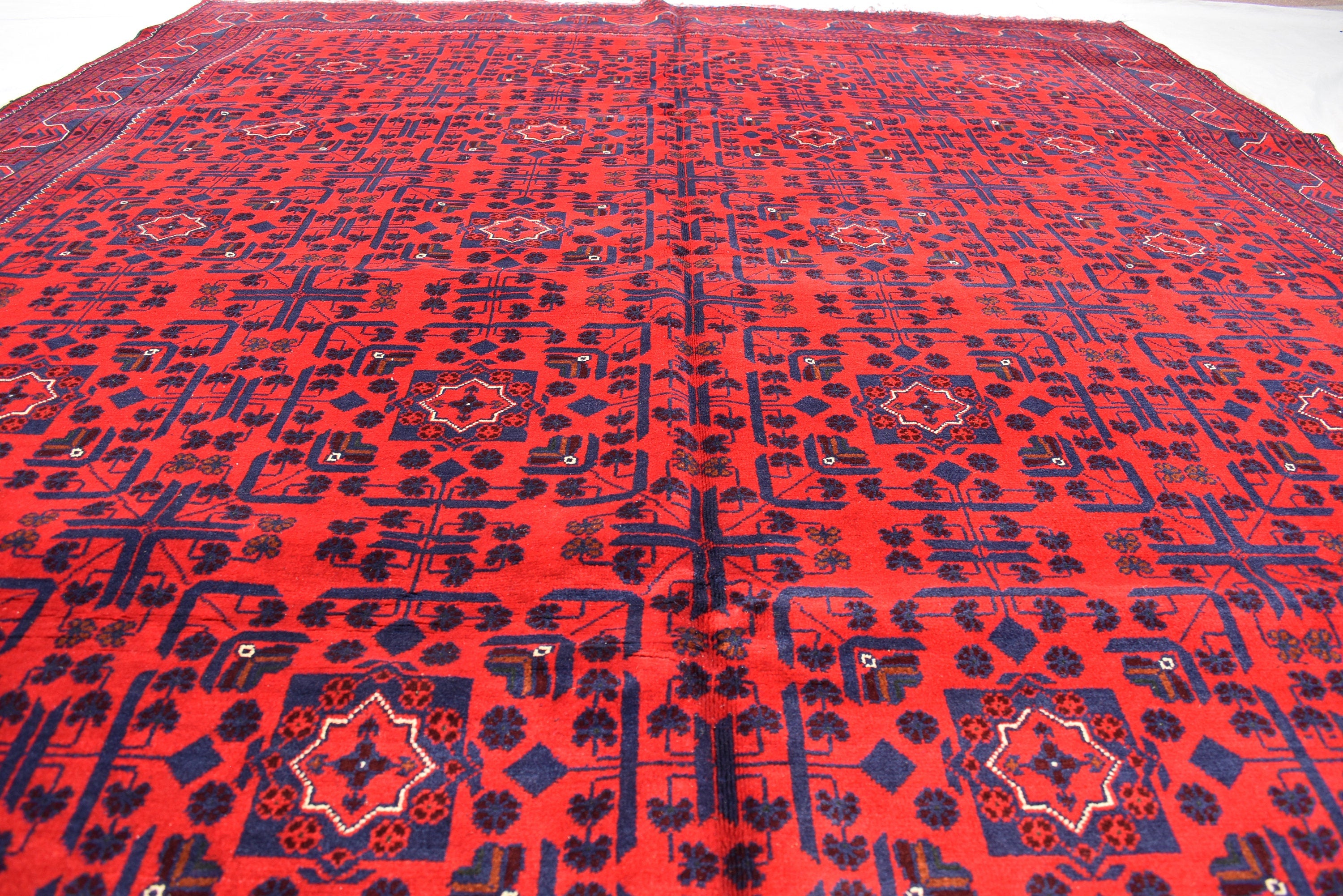 8x11 Hand-knotted Afghan Tribal Traditional Bukhara Pattern Rug, Rich Red and Navy Blue Rug, Perfect for Living Room, Bedroom Rug, 11.5x8.1