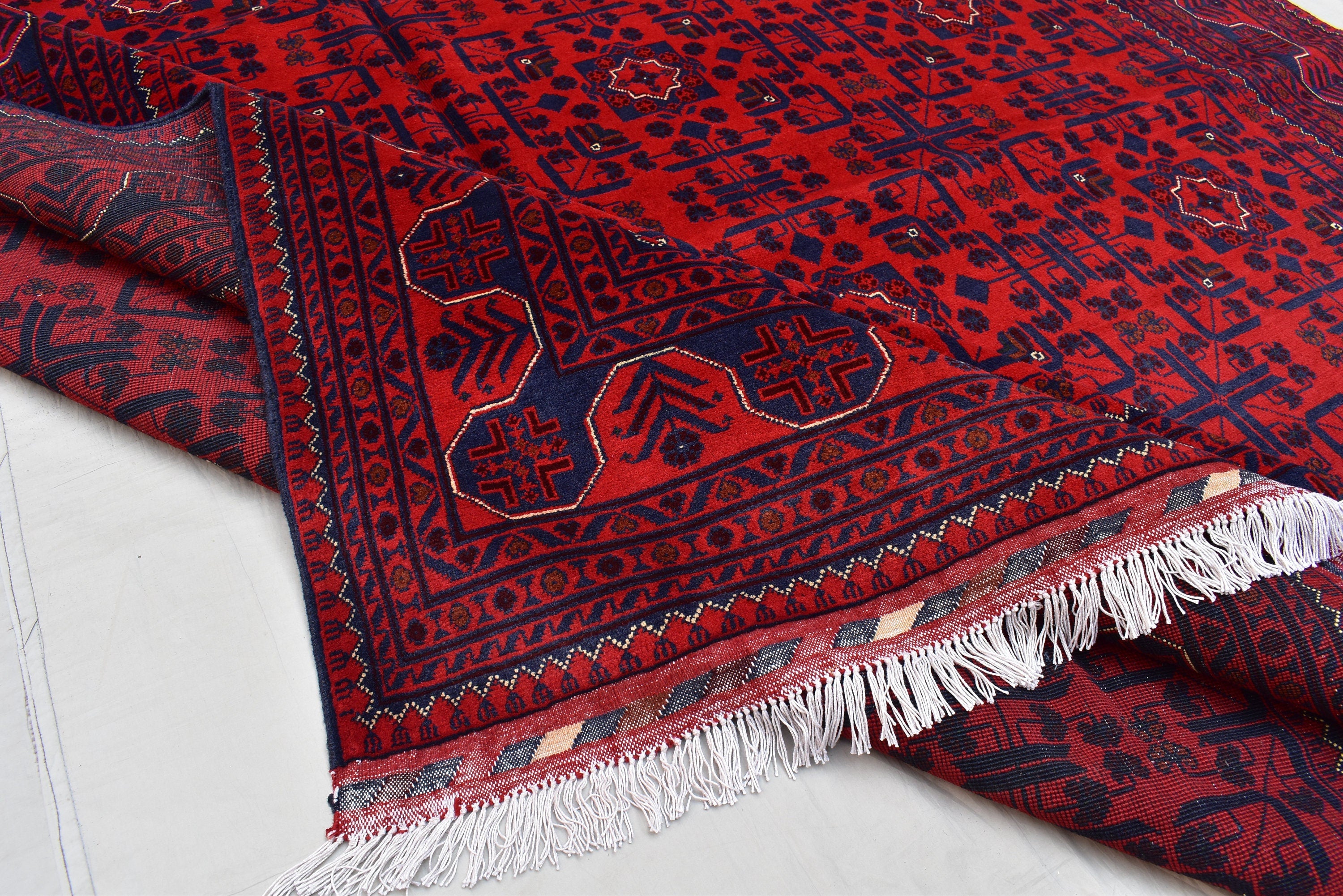 8x11 Hand-knotted Afghan Tribal Traditional Bukhara Pattern Rug, Rich Red and Navy Blue Rug, Perfect for Living Room, Bedroom Rug, 11.5x8.1