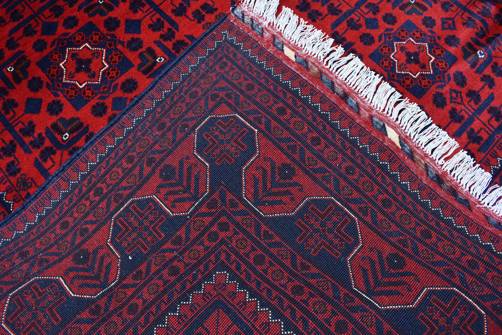 8x11 Hand-knotted Afghan Tribal Traditional Bukhara Pattern Rug, Rich Red and Navy Blue Rug, Perfect for Living Room, Bedroom Rug, 11.5x8.1