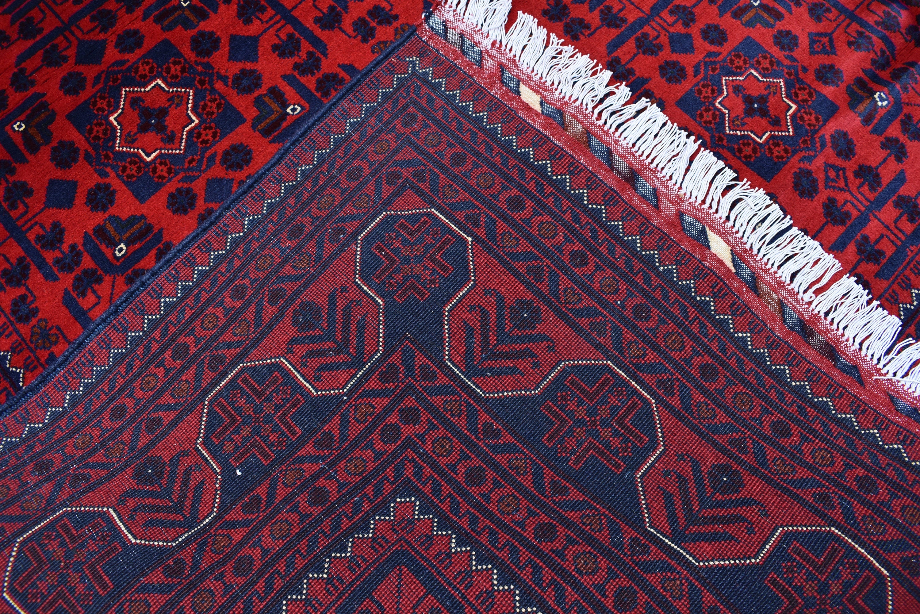 8x11 Hand-knotted Afghan Tribal Traditional Bukhara Pattern Rug, Rich Red and Navy Blue Rug, Perfect for Living Room, Bedroom Rug, 11.5x8.1