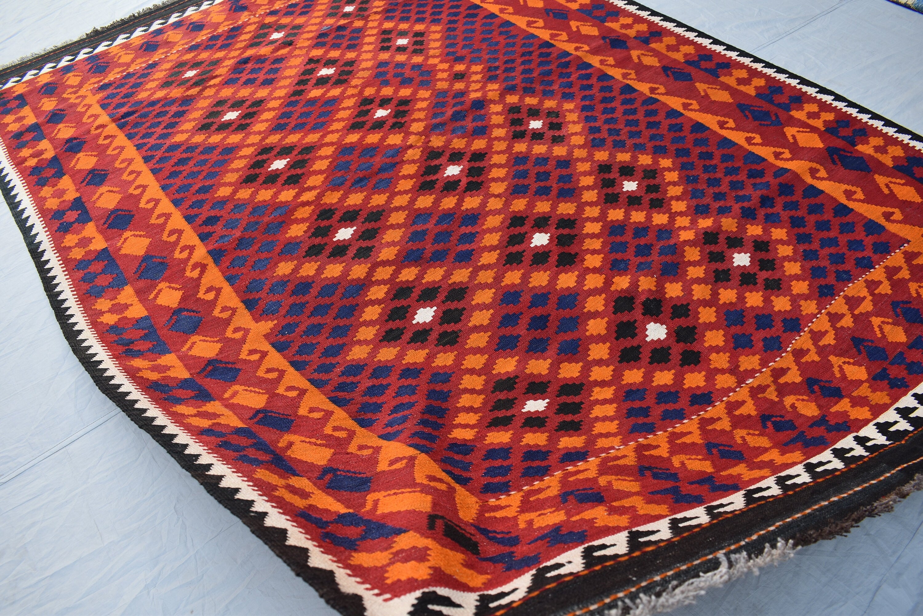7x10 Vintage Ghalmowri Kilim – Afghan Handwoven Wool Rug for Boho Living Room, Bedroom, Farmhouse, Country House Rug, Rustic Home Decor