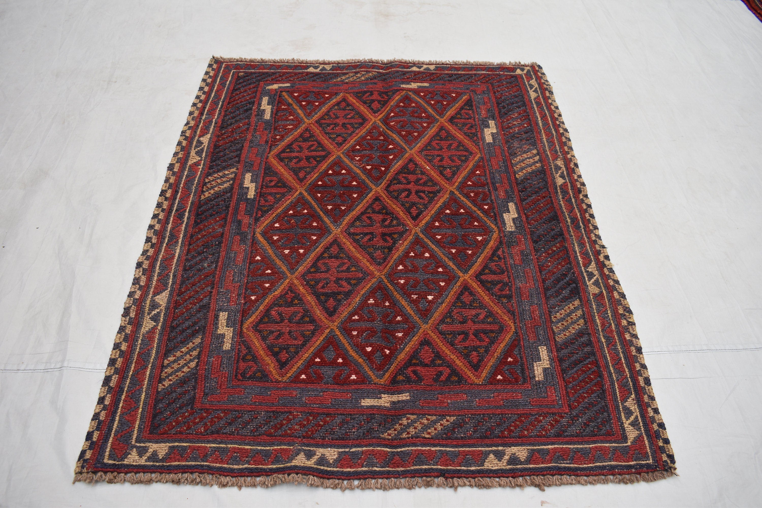 4x4 Ft Old Mashwani Area Rug, Afghan Handmade Soft Rug, Tribal Mashwani Rug, Turkmen Antique Geometric Rug, Rug Bedroom Rug