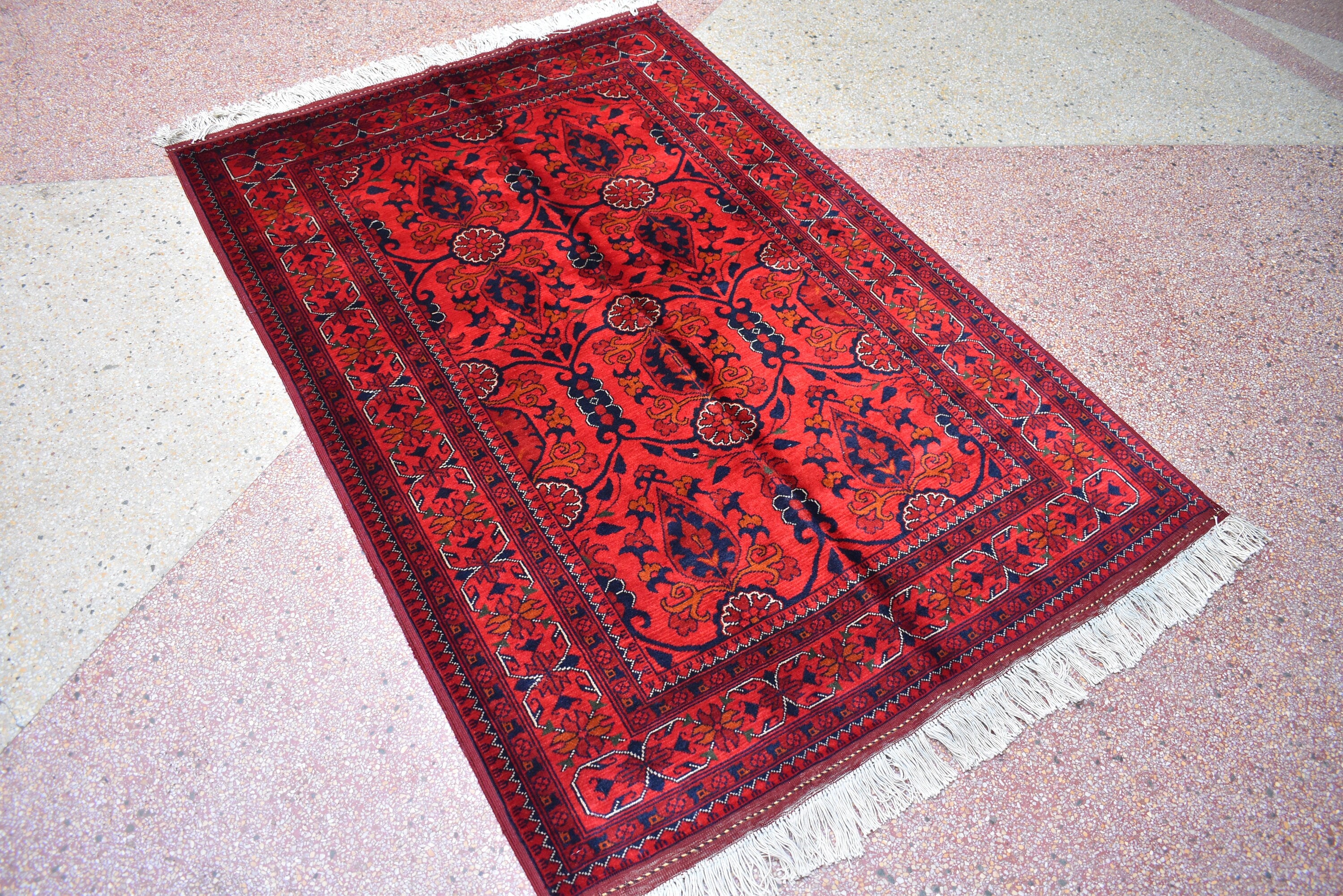 4.11 x 3.4 Ft Handamde Beljik Rug, Top Quality Afghan Rug Turkmen Tribal Rug Oriental Rug Veg Dye 100% Wool Living Room Rug Bedroom Rug