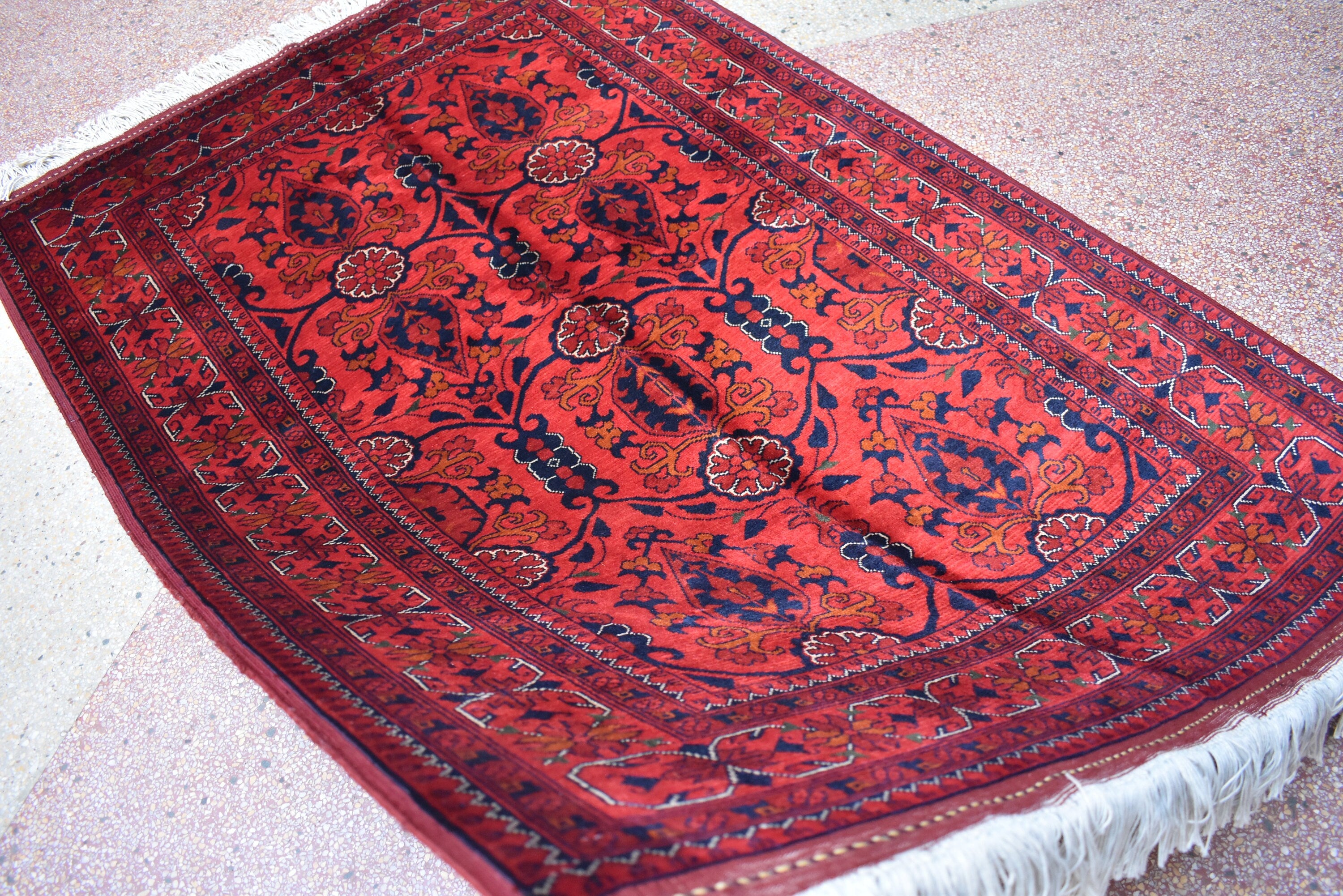 4.11 x 3.4 Ft Handamde Beljik Rug, Top Quality Afghan Rug Turkmen Tribal Rug Oriental Rug Veg Dye 100% Wool Living Room Rug Bedroom Rug