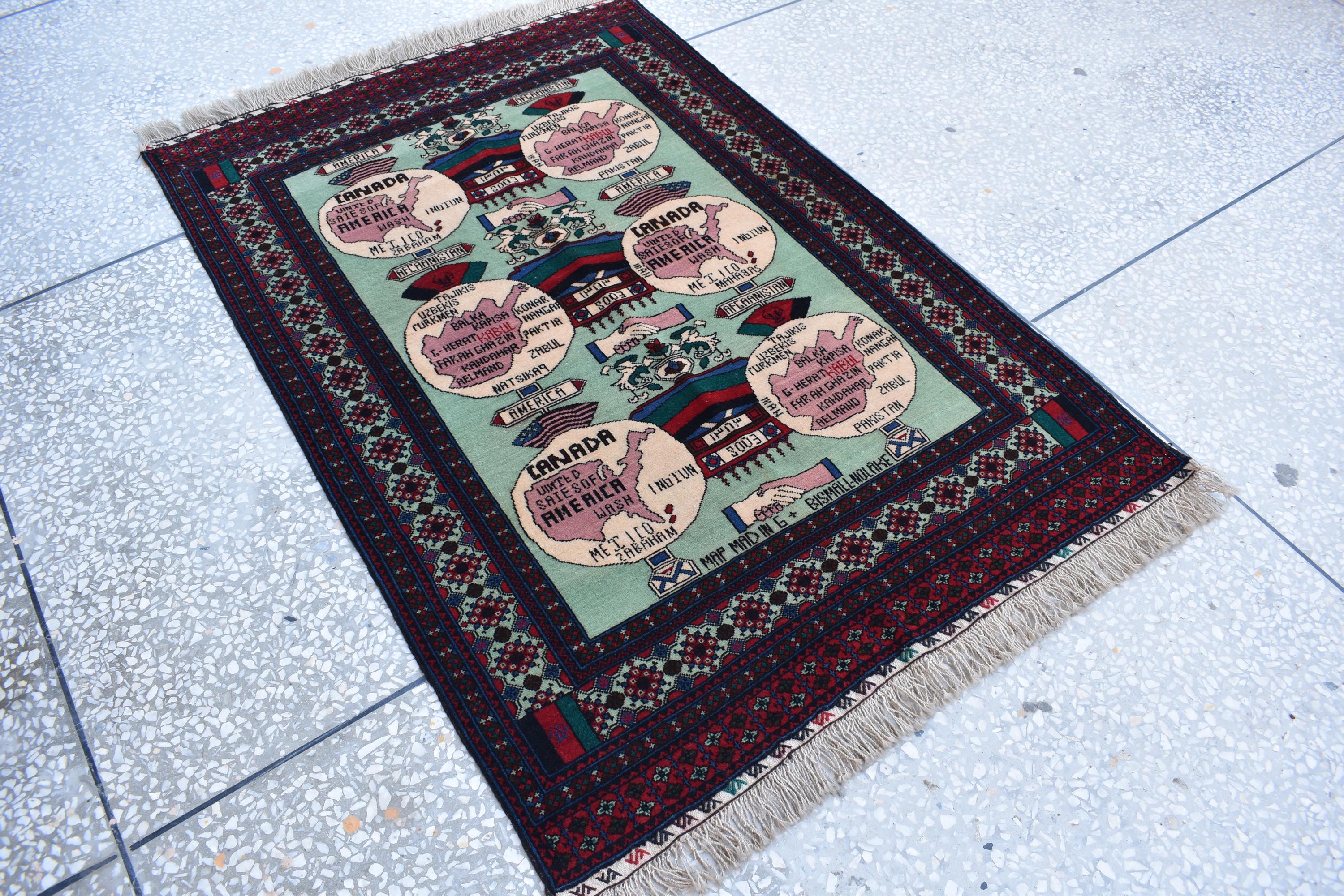 Afghan vintage 5.3×3.6 ft world map rug, oriental Balochi rug, office wall rug handmade wool area rug