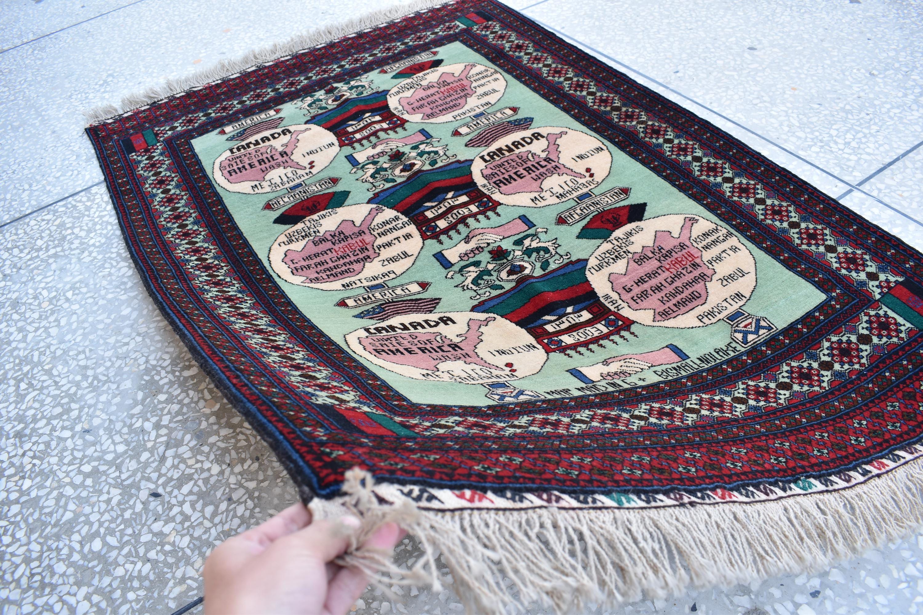 Afghan vintage 5.3×3.6 ft world map rug, oriental Balochi rug, office wall rug handmade wool area rug