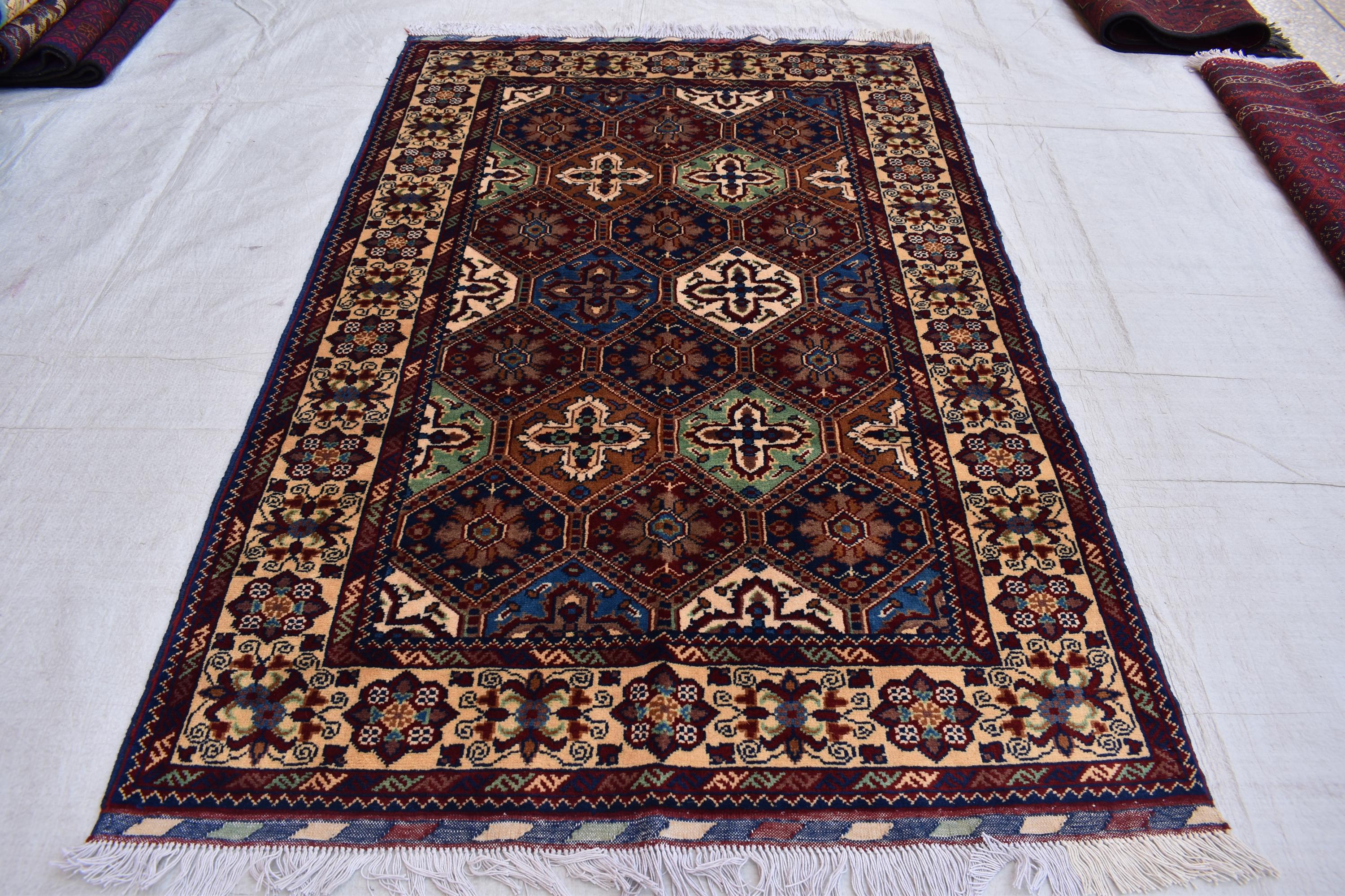5.4×3.5 ft Kashi rug, tribal area rug, Afghan handmade wool Rug, Rich colors Geometric pattern Bukhara rug, Rugs for Living Room, Bedroom