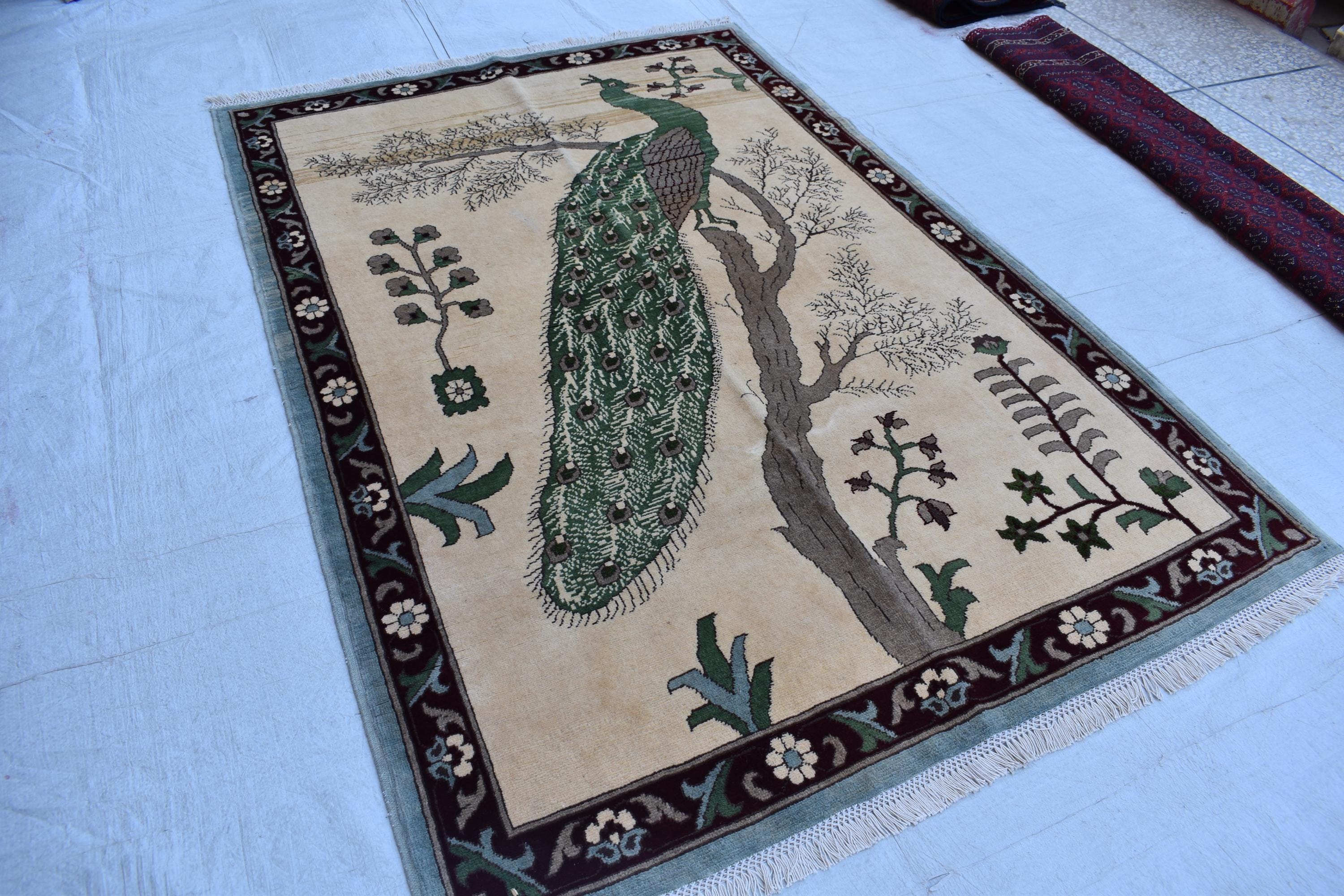 5.10×4 ft Majestic Peacock Carpet: A Symbol of Elegance and Beauty, vintage rug for office wall, living room decor