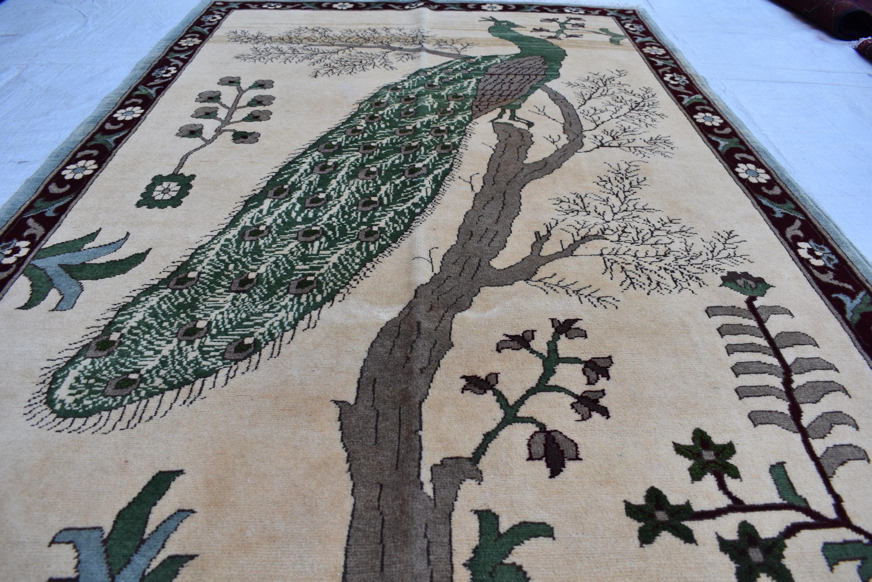 5.10×4 ft Majestic Peacock Carpet: A Symbol of Elegance and Beauty, vintage rug for office wall, living room decor