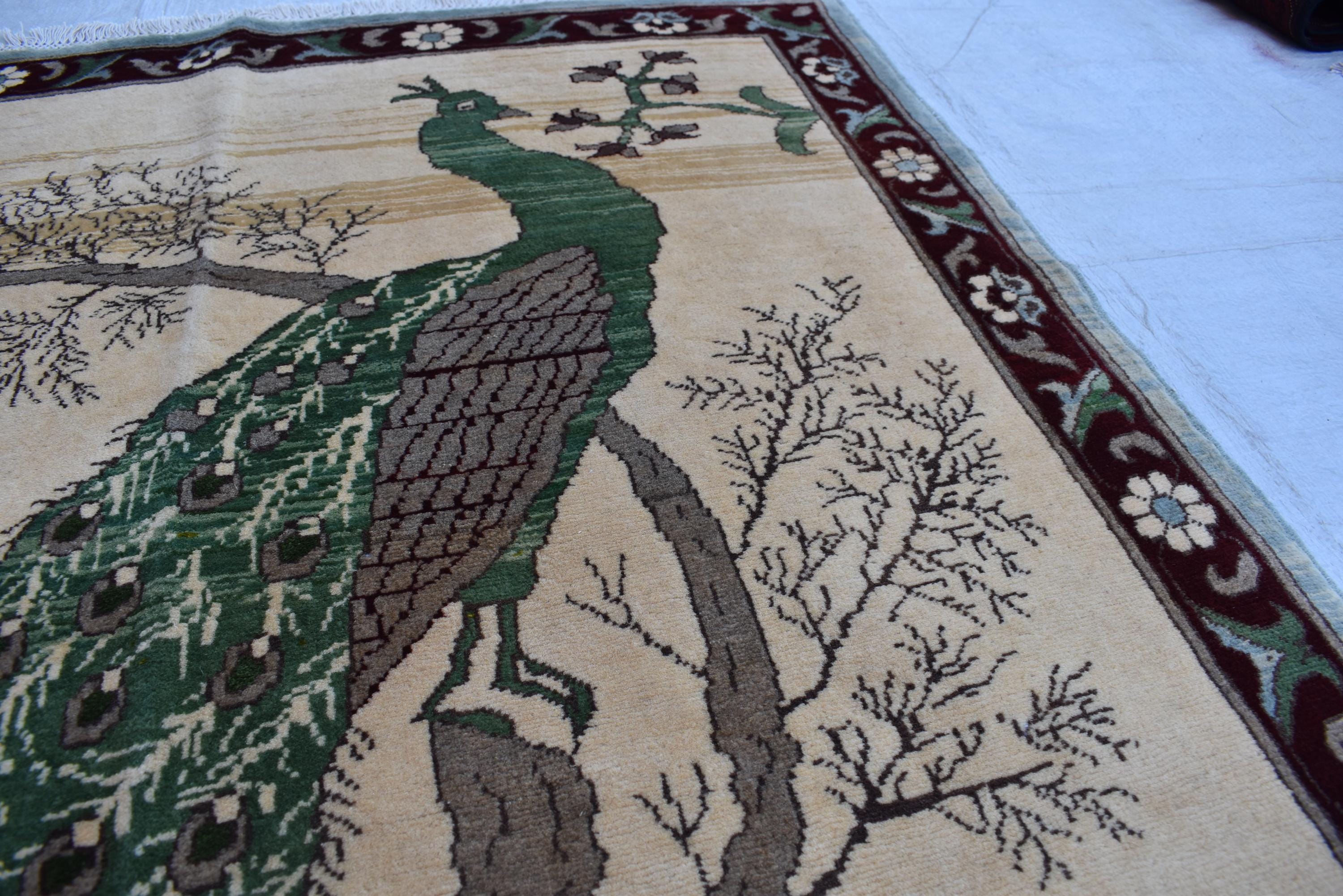 5.10×4 ft Majestic Peacock Carpet: A Symbol of Elegance and Beauty, vintage rug for office wall, living room decor