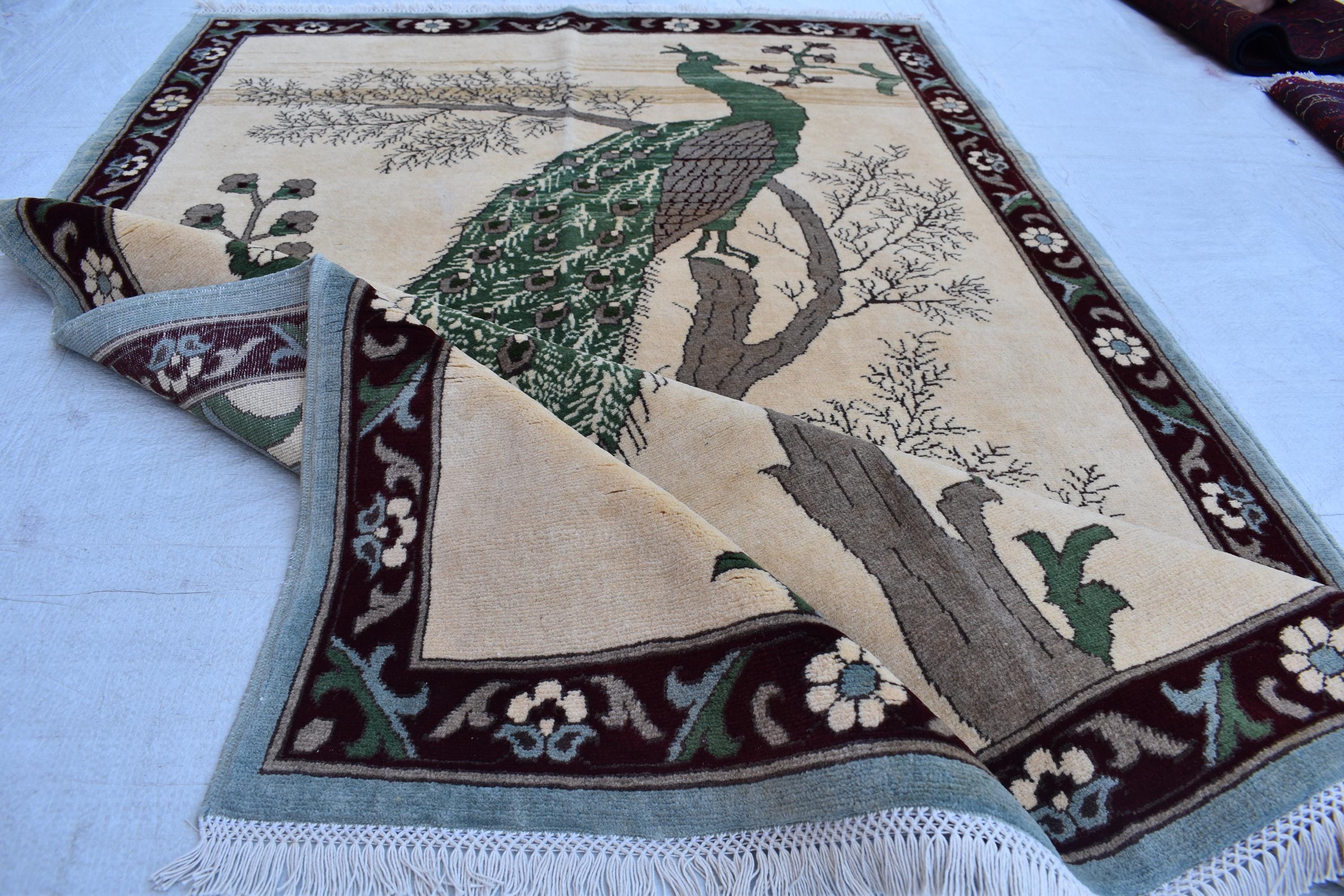 5.10×4 ft Majestic Peacock Carpet: A Symbol of Elegance and Beauty, vintage rug for office wall, living room decor