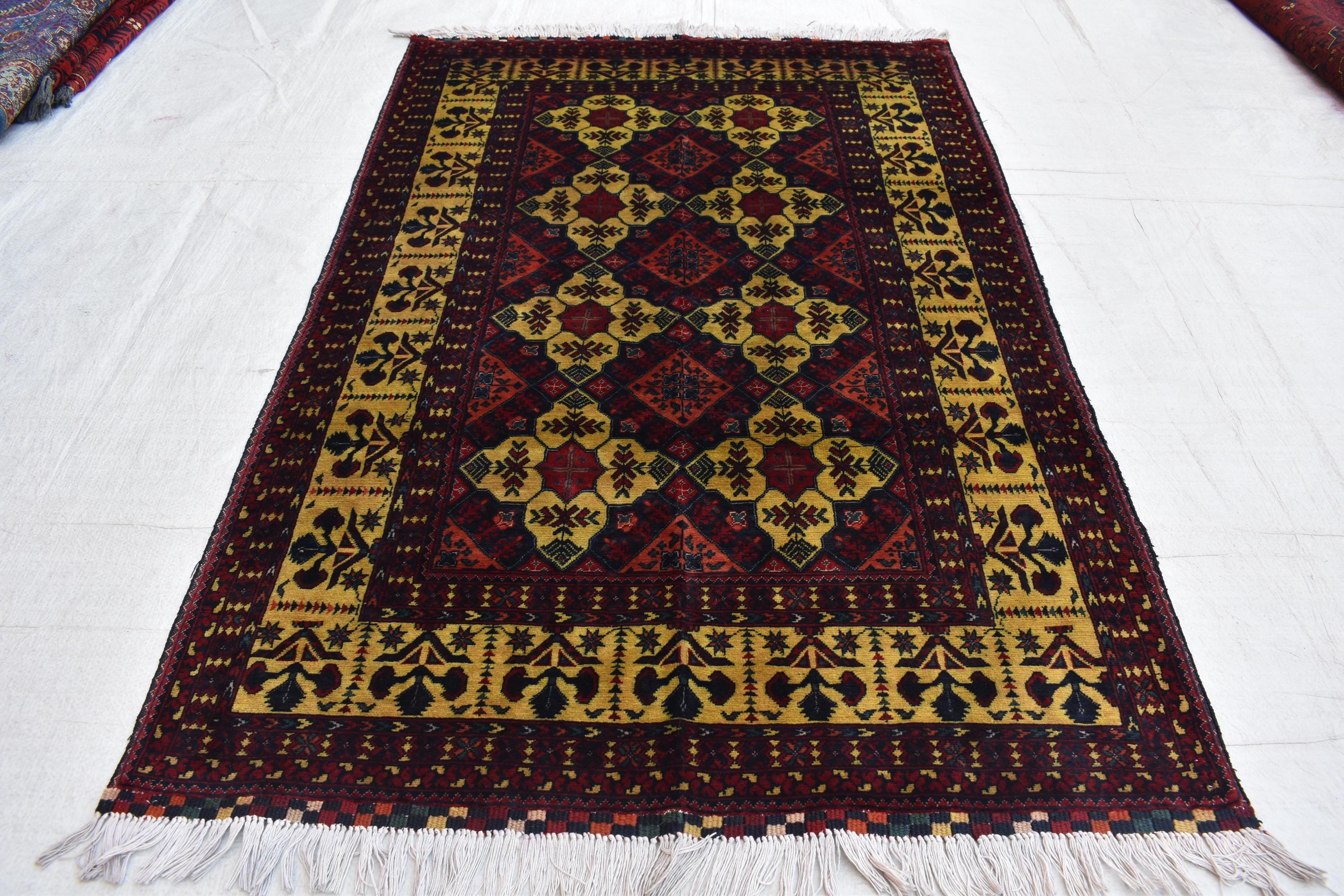 Authentic Yousafi Beljik Carpet 5x3.5 ft: Handwoven Afghan Masterpiece with Traditional Patterns, traditional carpet wool rug