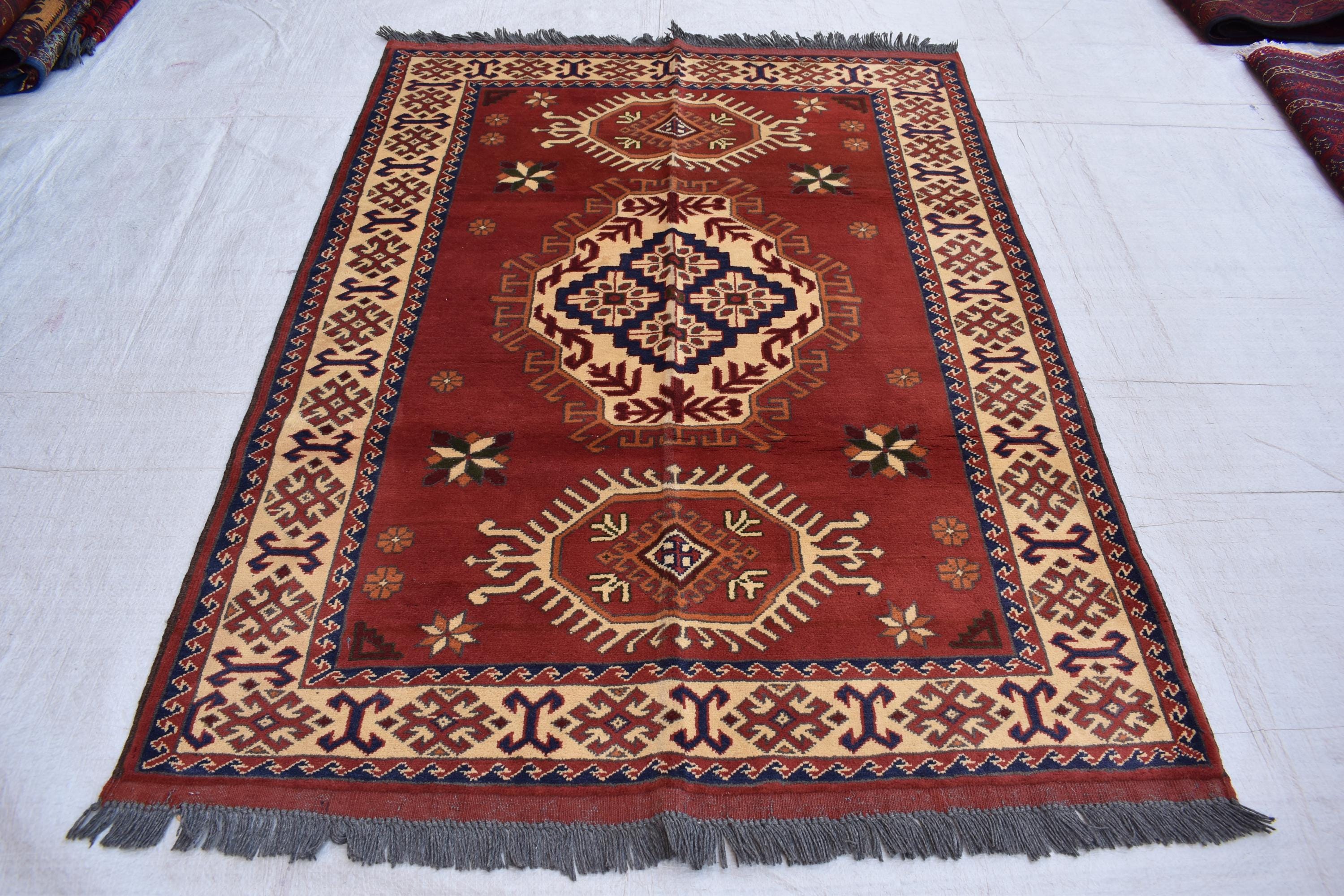 5x3.8 ft Handwoven Karqai vintage Carpet Authentic Afghan Rug with Geometric Pattern, Home decor Rug