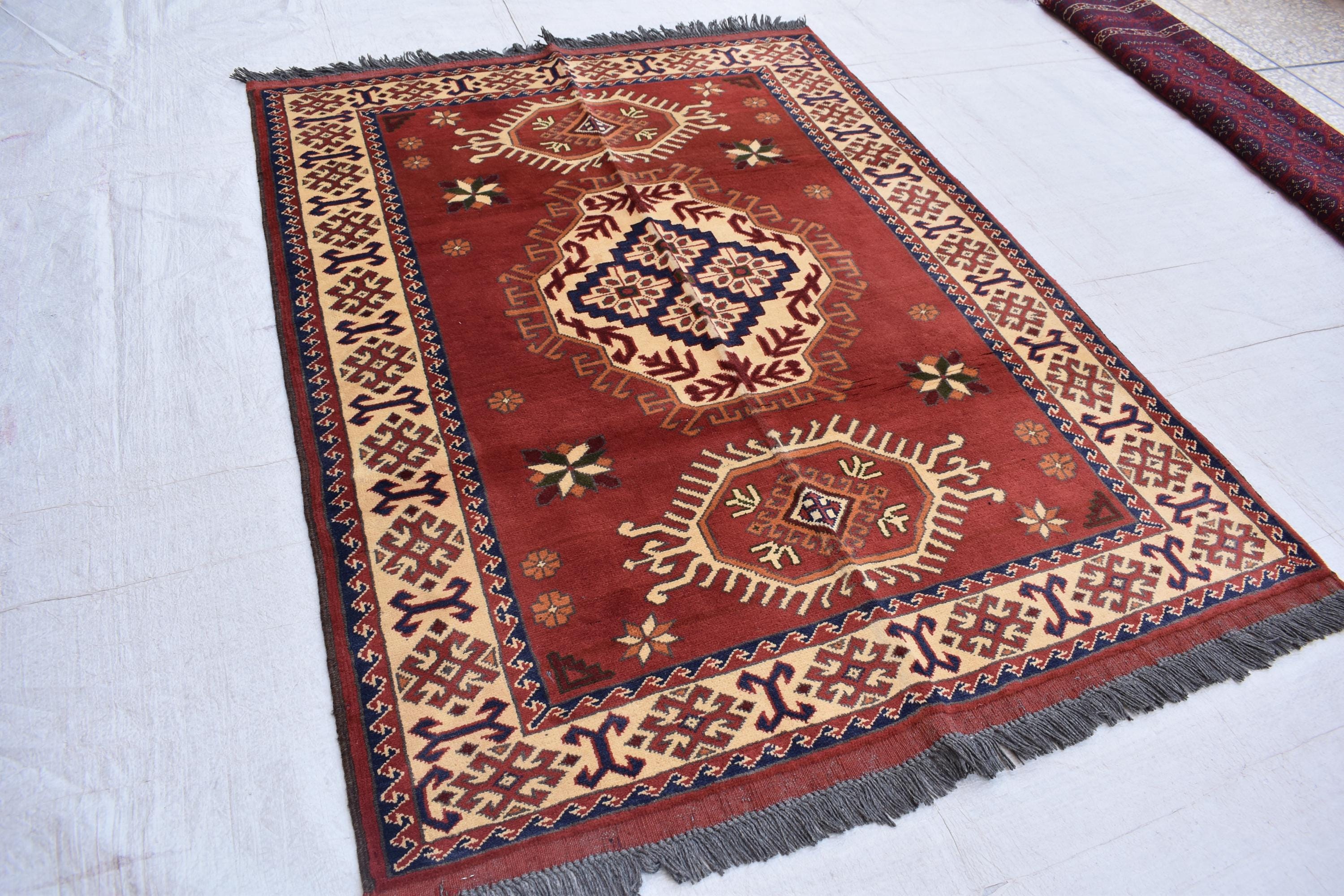5x3.8 ft Handwoven Karqai vintage Carpet Authentic Afghan Rug with Geometric Pattern, Home decor Rug