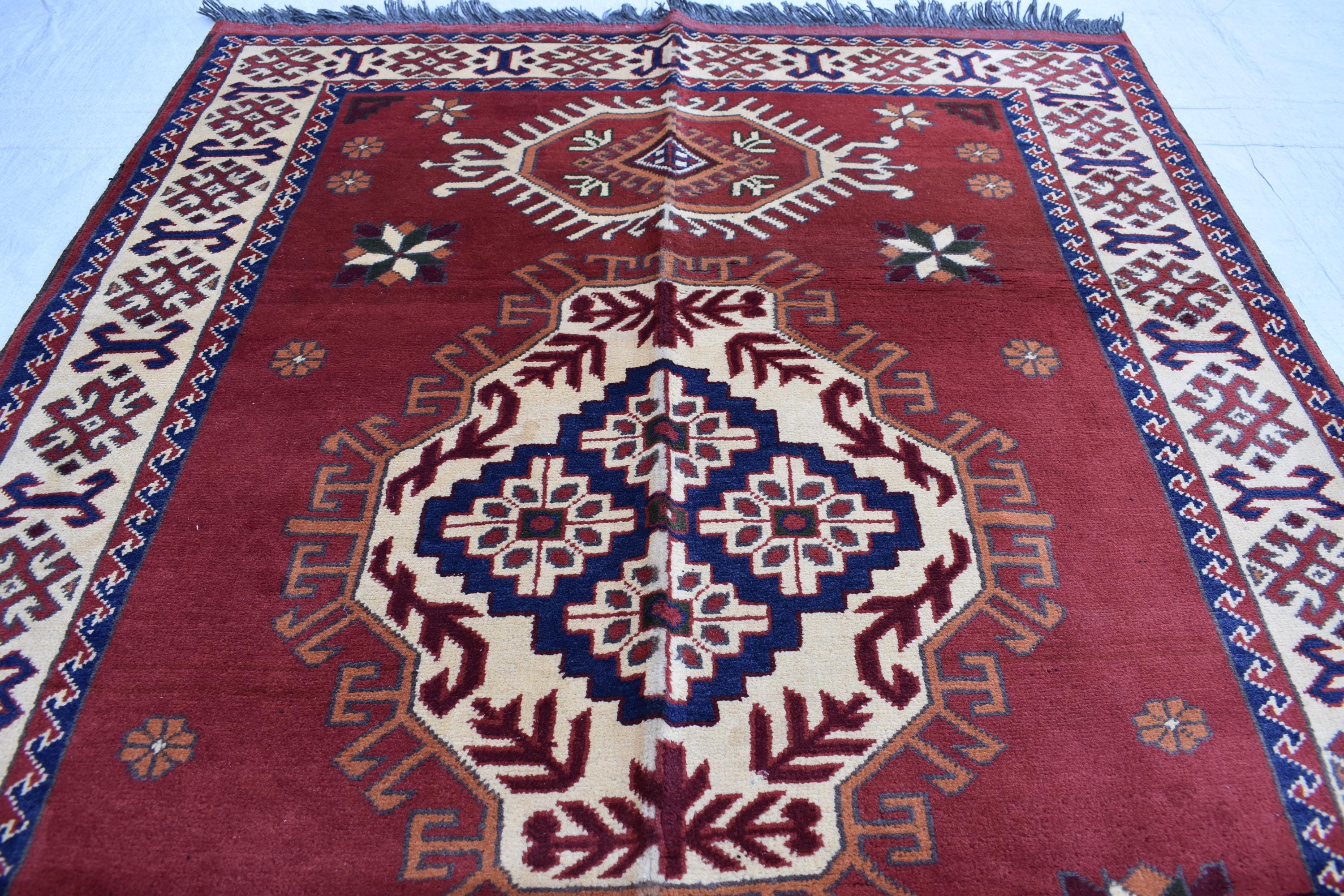5x3.8 ft Handwoven Karqai vintage Carpet Authentic Afghan Rug with Geometric Pattern, Home decor Rug