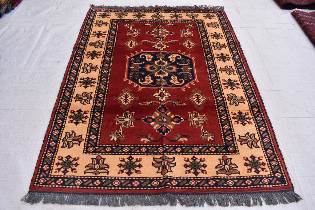 Vintage Karqai Carpet 4.10x3.10 ft: Handwoven Afghan Rug with Traditional Patterns – Authentic Wool Carpet, Collectible Rug