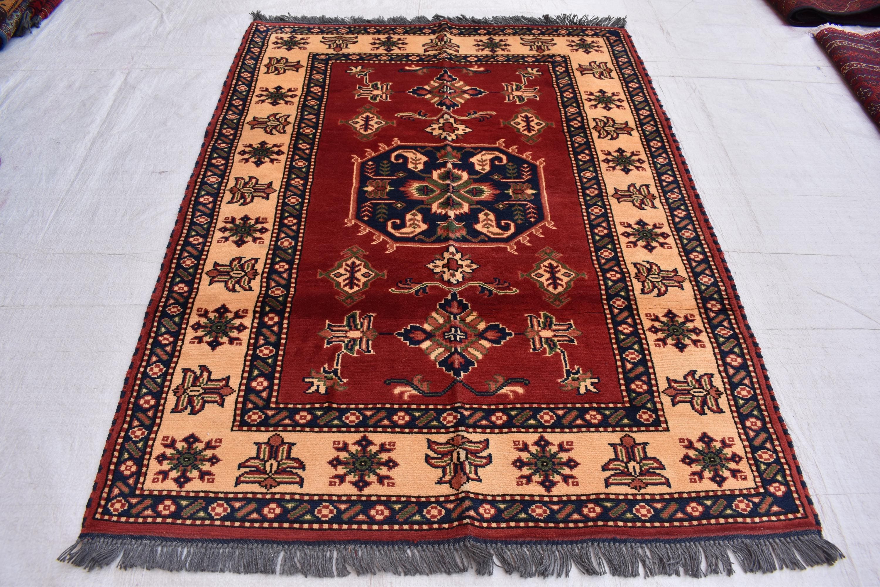 Vintage Karqai Carpet 4.10x3.10 ft: Handwoven Afghan Rug with Traditional Patterns – Authentic Wool Carpet, Collectible Rug