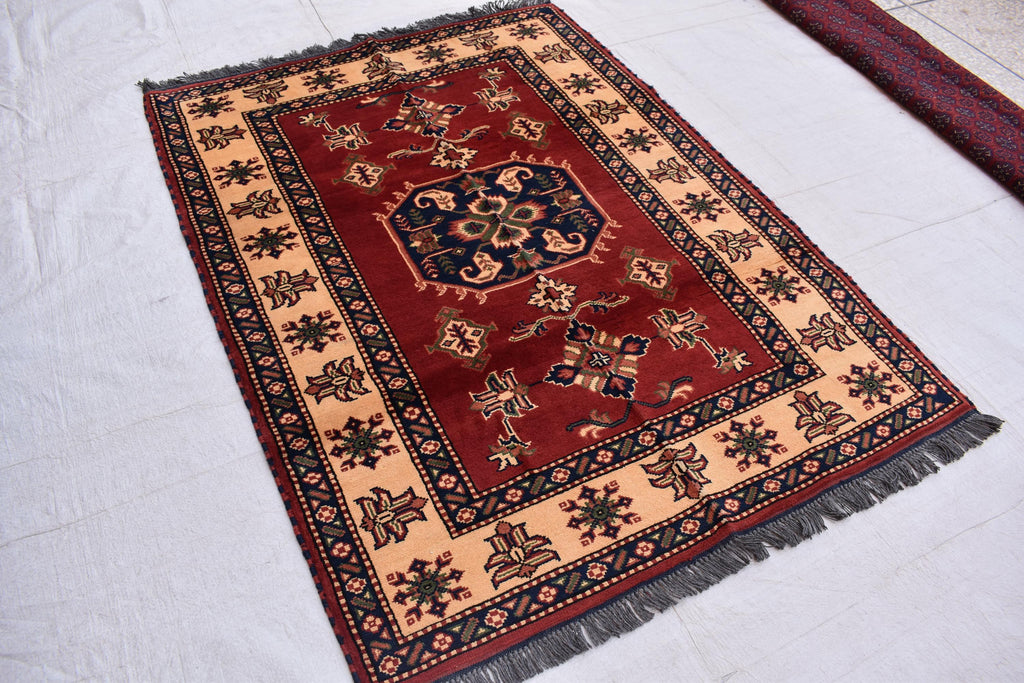 Vintage Karqai Carpet 4.10x3.10 ft: Handwoven Afghan Rug with Traditional Patterns – Authentic Wool Carpet, Collectible Rug