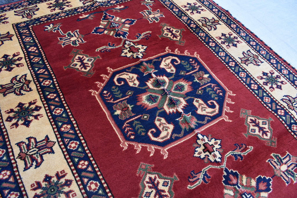 Vintage Karqai Carpet 4.10x3.10 ft: Handwoven Afghan Rug with Traditional Patterns – Authentic Wool Carpet, Collectible Rug