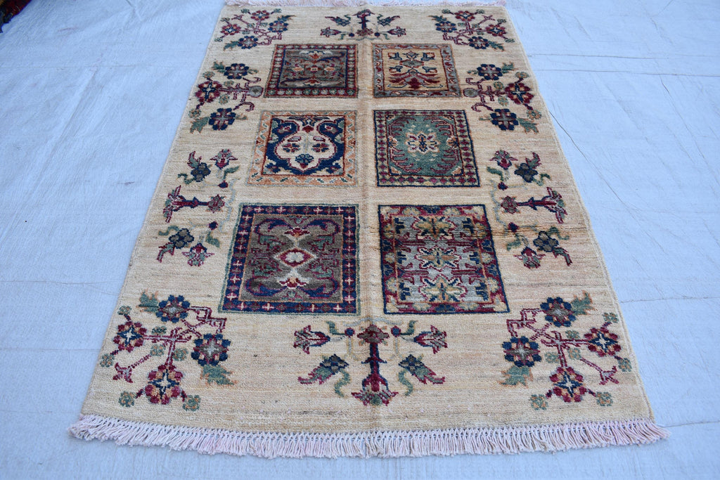 Handwoven Chob Rug mirror Carpet 4.1x2.8 ft: Unique Afghan Rug with Geometric Patterns – Wool and Natural Dyes