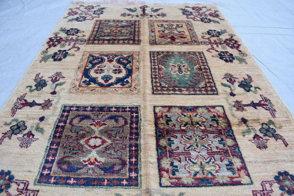 Handwoven Chob Rug mirror Carpet 4.1x2.8 ft: Unique Afghan Rug with Geometric Patterns – Wool and Natural Dyes