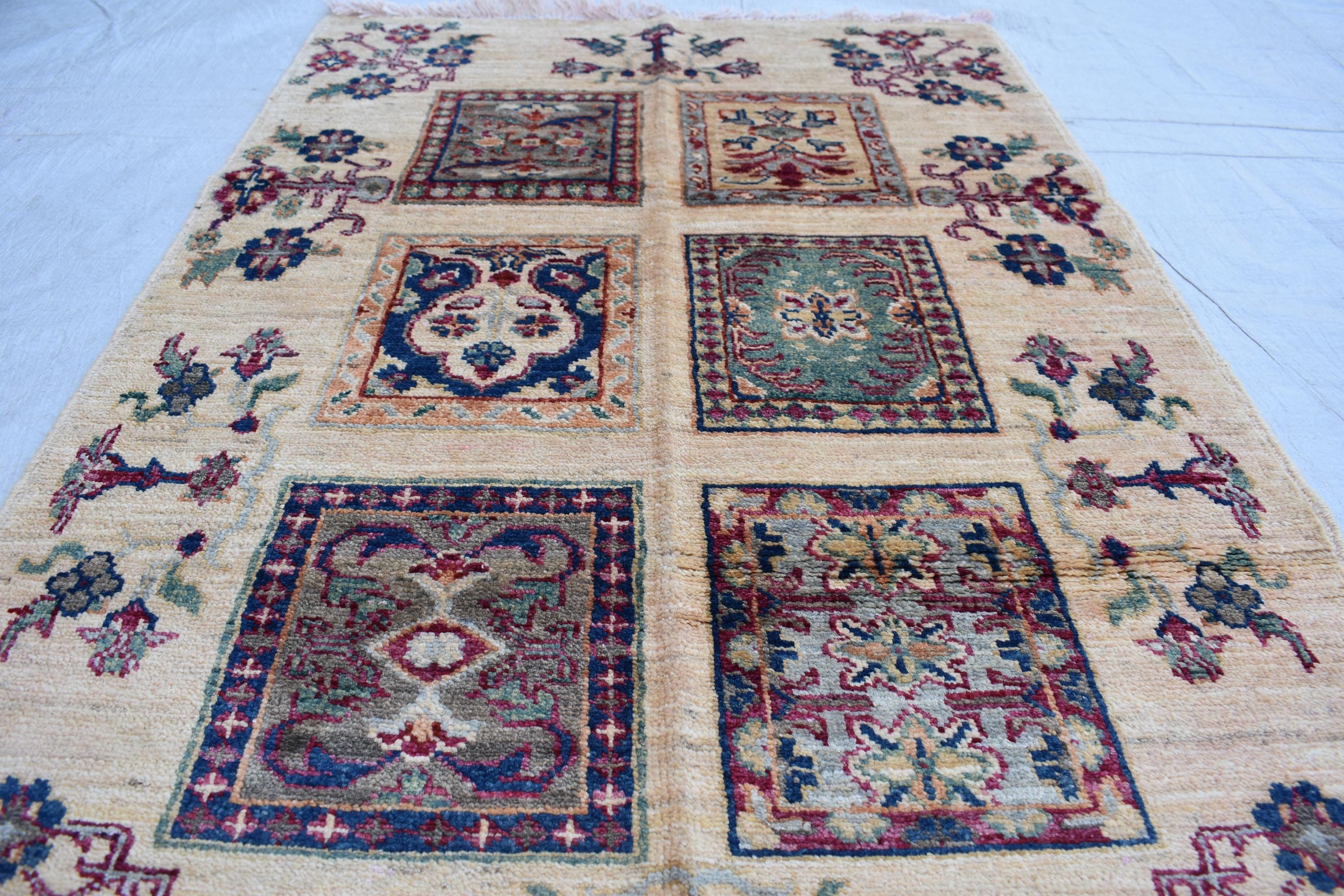 Handwoven Chob Rug mirror Carpet 4.1x2.8 ft: Unique Afghan Rug with Geometric Patterns – Wool and Natural Dyes