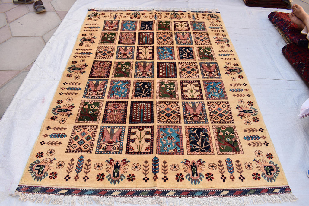 Handmade Afghan Chob Rang Mirror Carpet - 6.11x4.11 ft | Vintage Wool Area Rug | Unique Tribal Design | Persian Style Deco