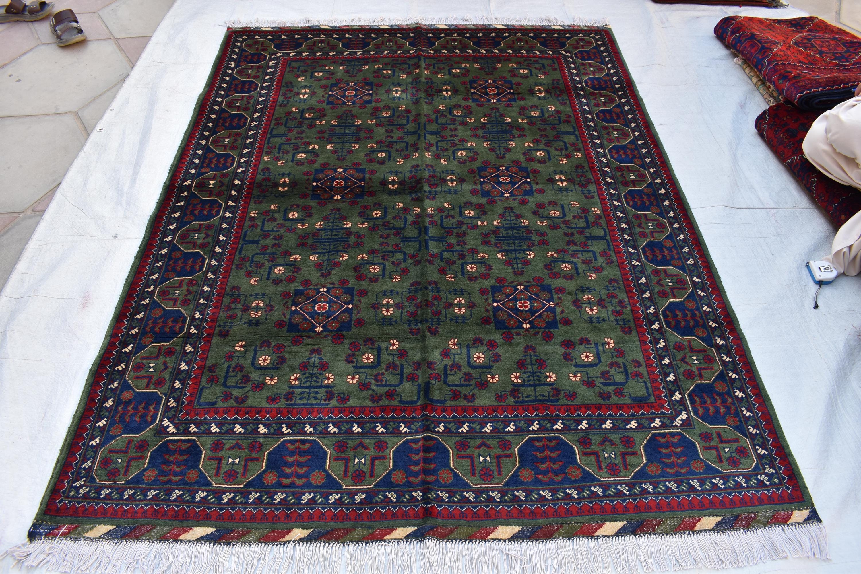 6.10x5.11 ft Green and Purple Handmade Afghan Bukhara Khamyab Rug Traditional Wool Carpet | Rugs For Living Room | Unique Oriental Area Rug