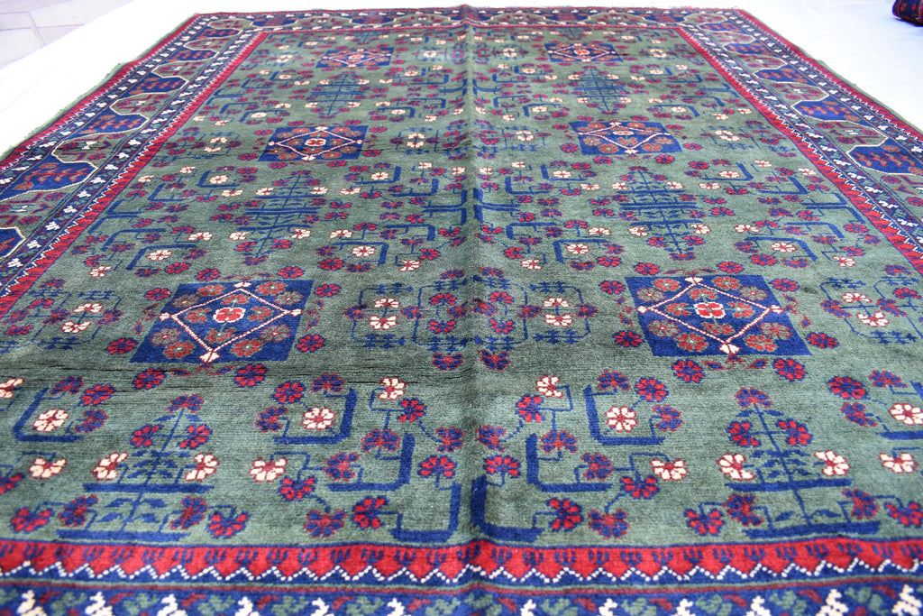 6.10x5.11 ft Green and Purple Handmade Afghan Bukhara Khamyab Rug Traditional Wool Carpet | Rugs For Living Room | Unique Oriental Area Rug