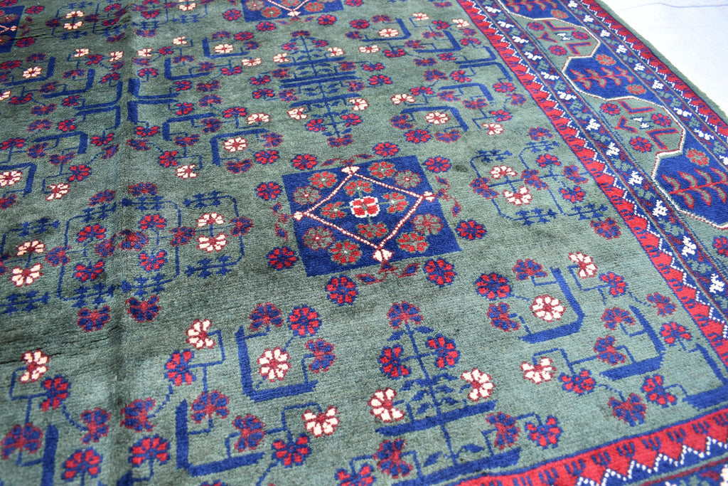 6.10x5.11 ft Green and Purple Handmade Afghan Bukhara Khamyab Rug Traditional Wool Carpet | Rugs For Living Room | Unique Oriental Area Rug