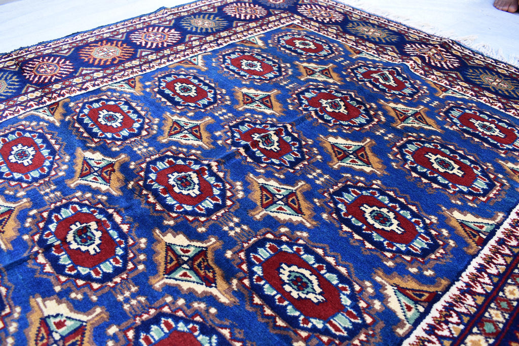 Afghan Handmade Carpet 6.5x4.9 ft – Rich Blue and Red Tribal Design Wool Rugs for Dining room, Living room, Office and Farmhouse Rug