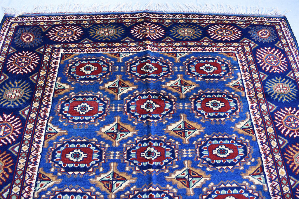Afghan Handmade Carpet 6.5x4.9 ft – Rich Blue and Red Tribal Design Wool Rugs for Dining room, Living room, Office and Farmhouse Rug