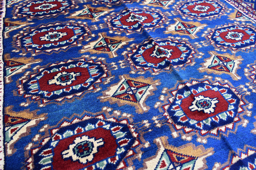 Afghan Handmade Carpet 6.5x4.9 ft – Rich Blue and Red Tribal Design Wool Rugs for Dining room, Living room, Office and Farmhouse Rug