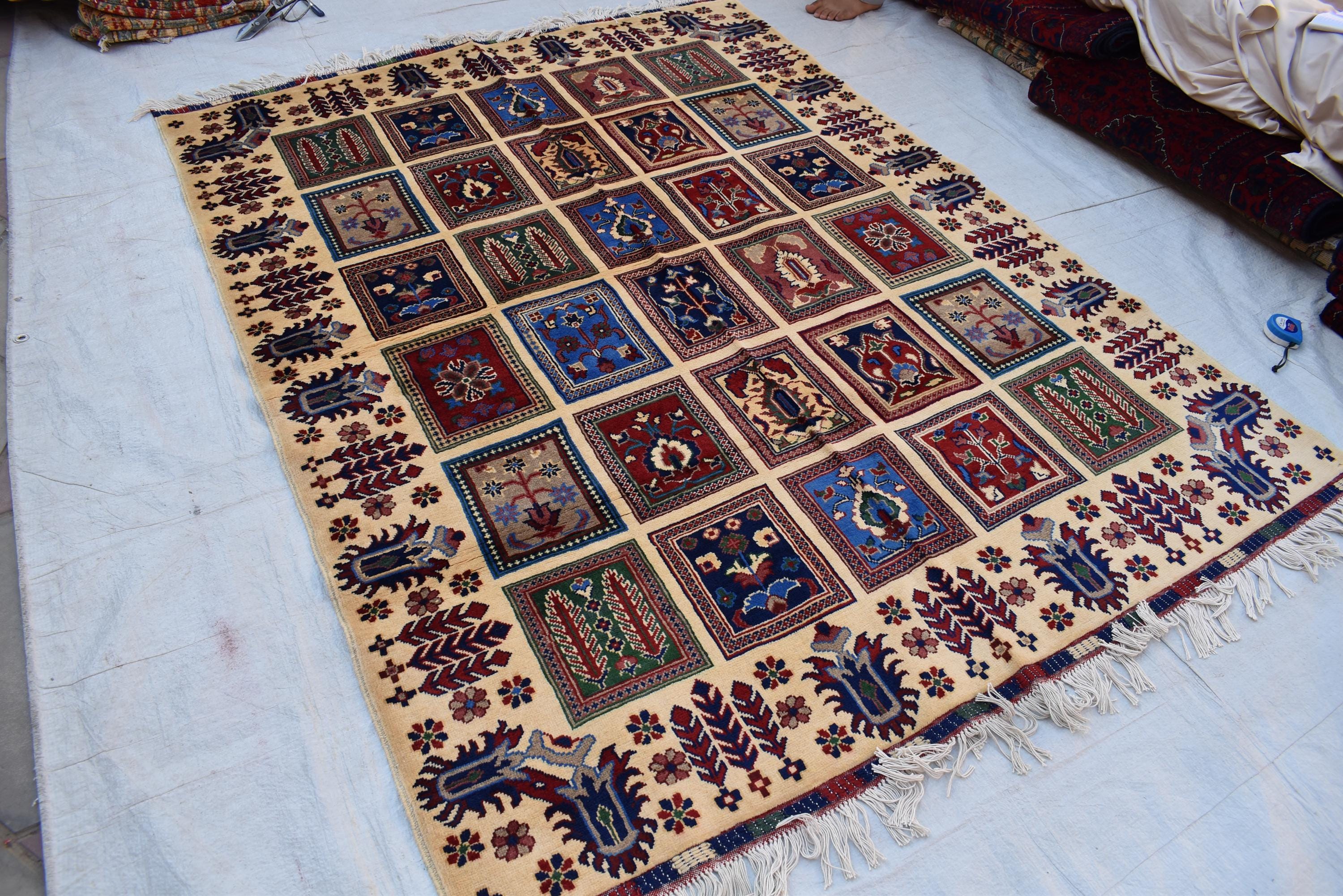 Handmade Afghan Carpet 6.8x4.11 ft – Unique Square Pattern Wool Rug, Colorful Traditional Design for Living room, Bedroom room and Office.