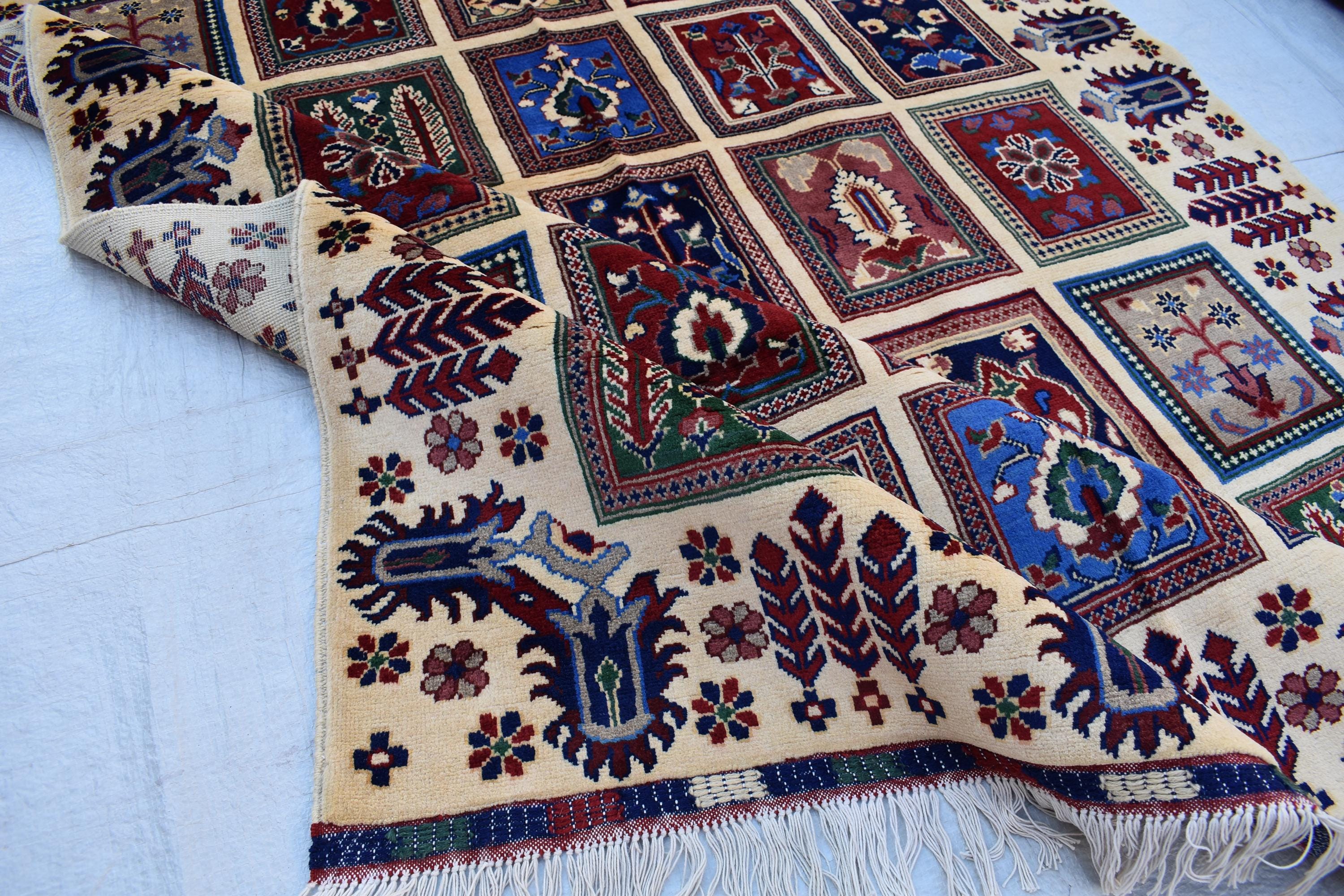 Handmade Afghan Carpet 6.8x4.11 ft – Unique Square Pattern Wool Rug, Colorful Traditional Design for Living room, Bedroom room and Office.
