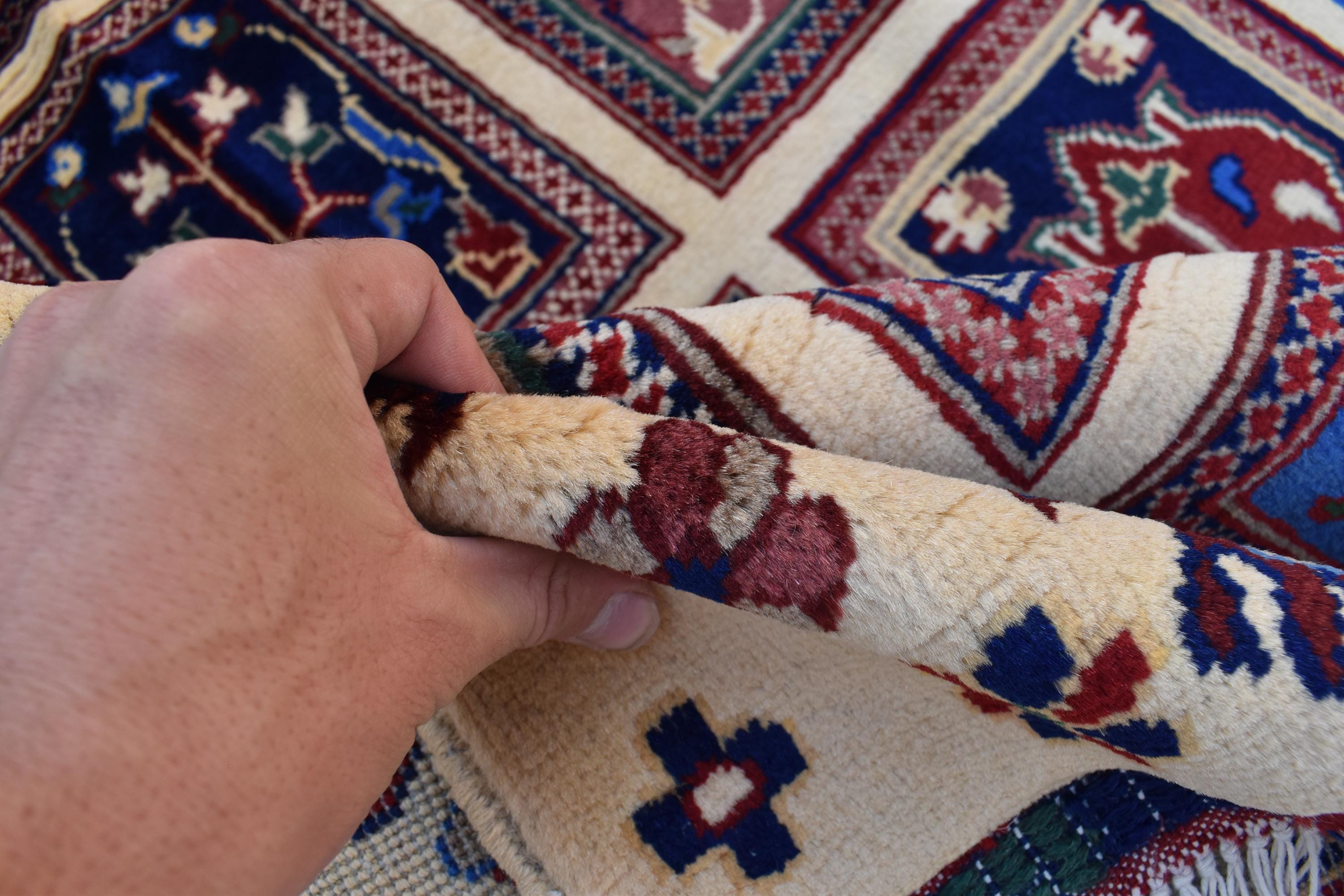 Handmade Afghan Carpet 6.8x4.11 ft – Unique Square Pattern Wool Rug, Colorful Traditional Design for Living room, Bedroom room and Office.