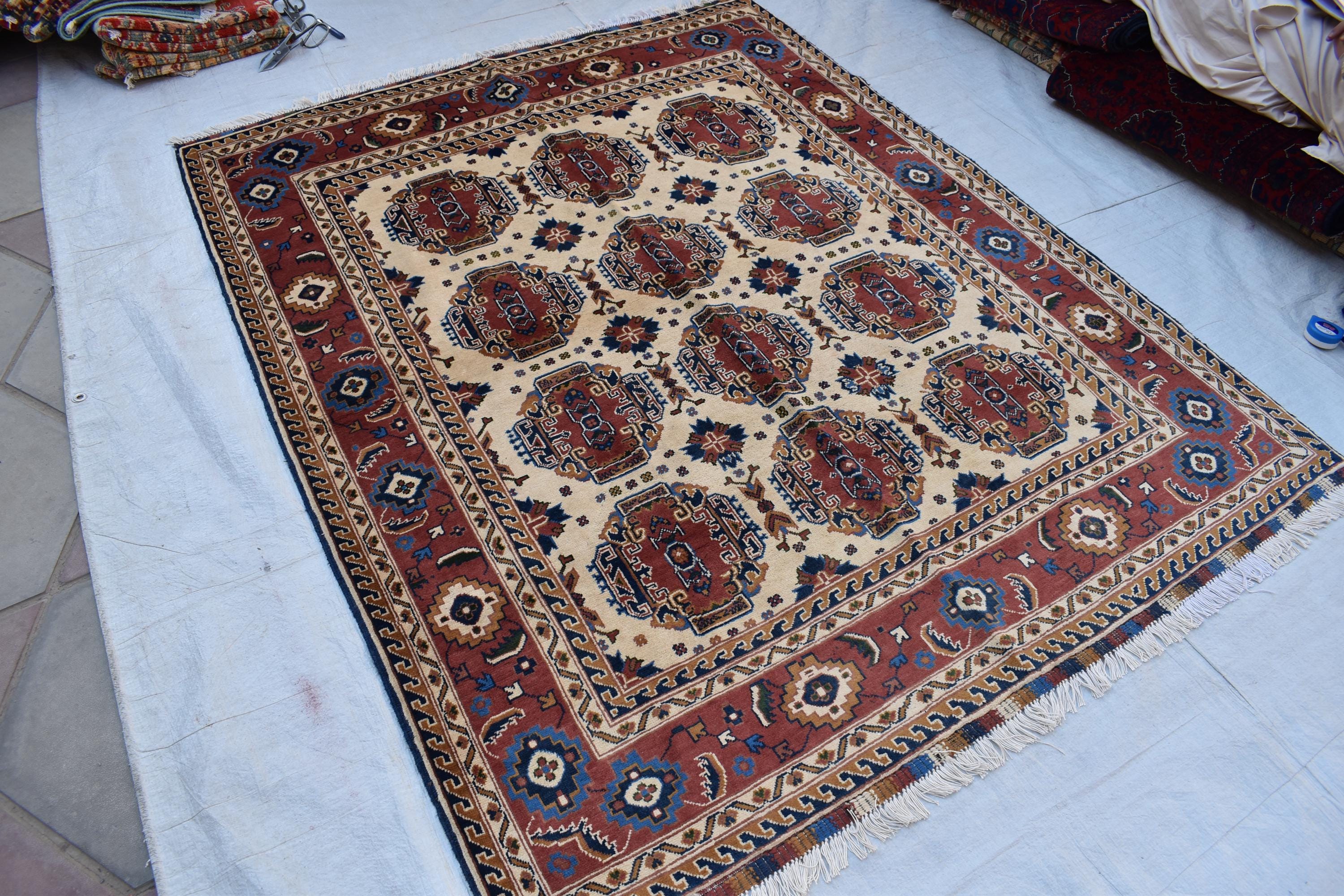 Baluchi design Handmade Afghan Carpet 6.7x5.2 ft – Vintage Tribal Wool Rug, Cream and Red Traditional Design for living room and office