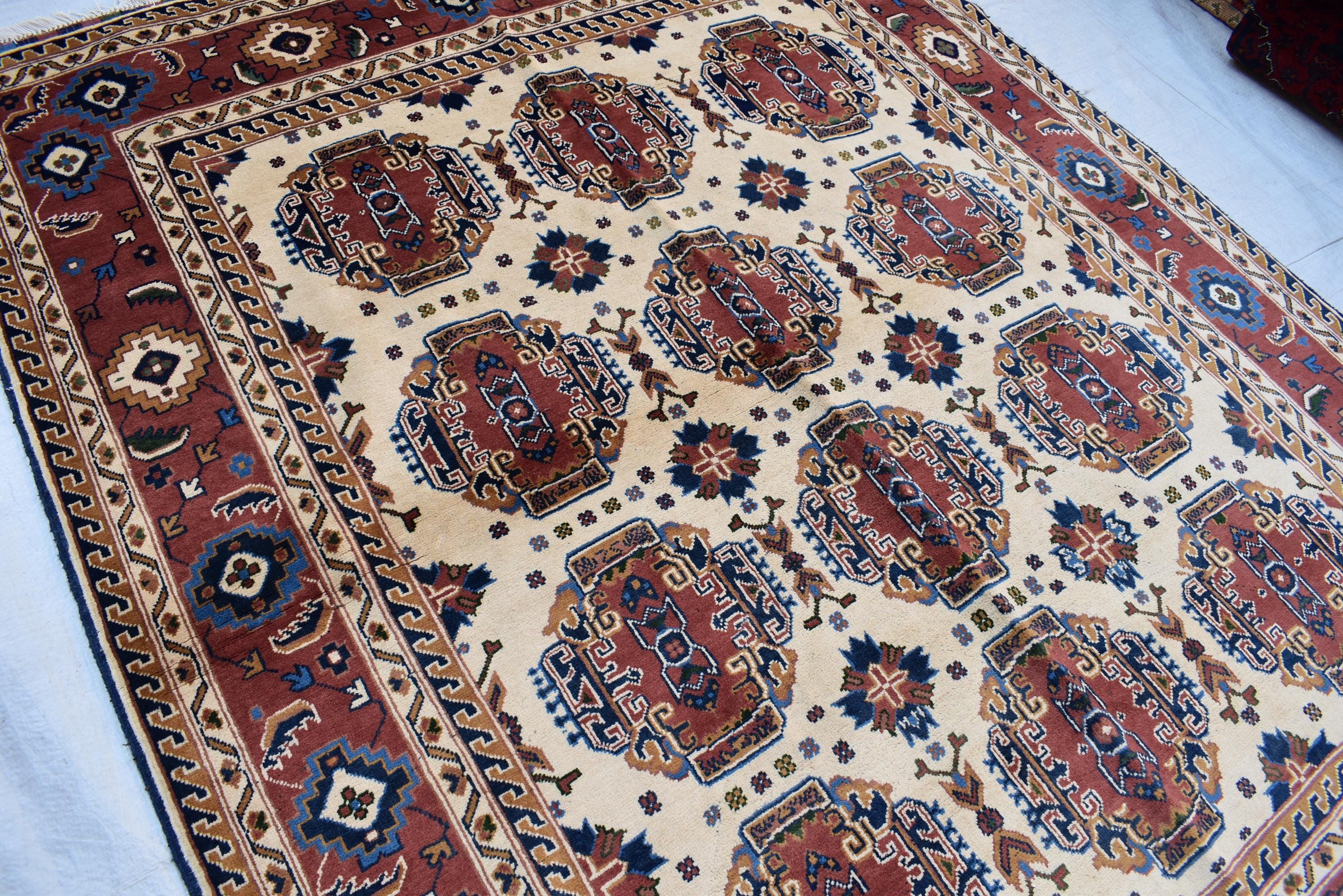 Baluchi design Handmade Afghan Carpet 6.7x5.2 ft – Vintage Tribal Wool Rug, Cream and Red Traditional Design for living room and office