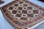 Baluchi design Handmade Afghan Carpet 6.7x5.2 ft – Vintage Tribal Wool Rug, Cream and Red Traditional Design for living room and office
