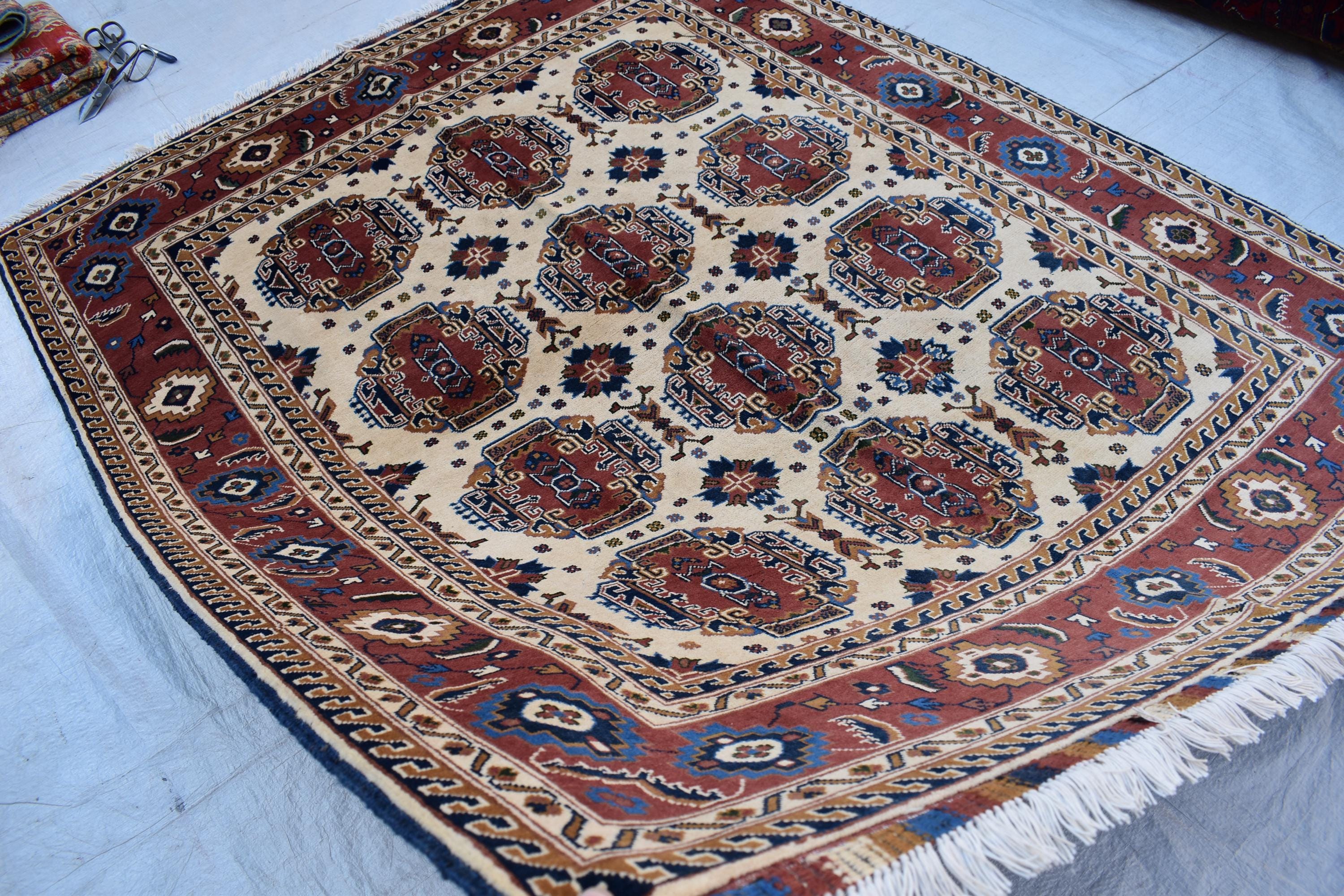 Baluchi design Handmade Afghan Carpet 6.7x5.2 ft – Vintage Tribal Wool Rug, Cream and Red Traditional Design for living room and office