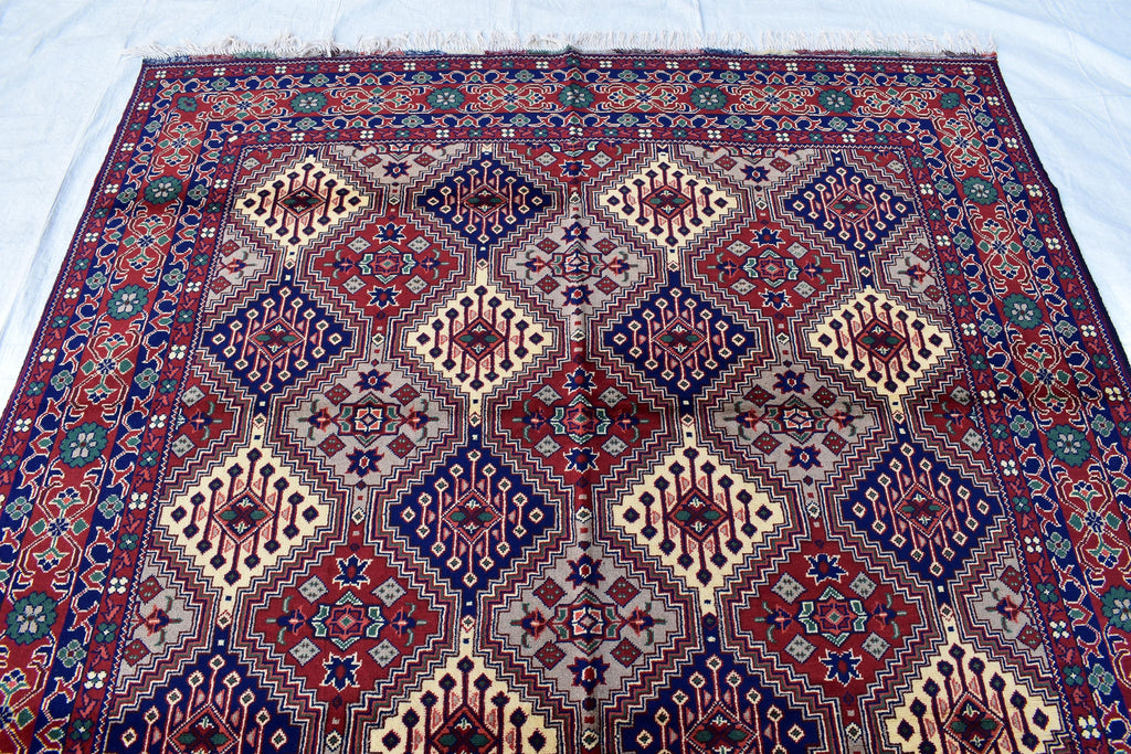 Handmade Afghan Geometric Wool Carpet - Traditional Tribal Design - 10.1x6.8 ft - Red, Blue & beige Wool Rug - Living Room Decor