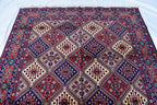 Handmade Afghan Geometric Wool Carpet - Traditional Tribal Design - 10.1x6.8 ft - Red, Blue & beige Wool Rug - Living Room Decor
