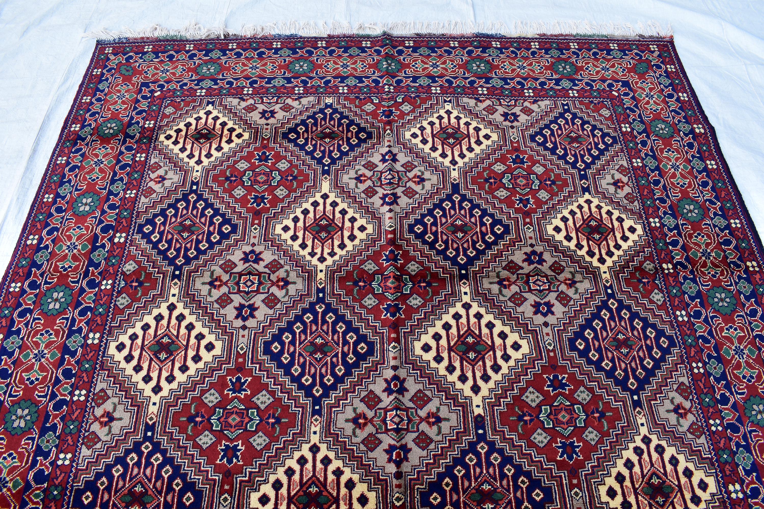 Handmade Afghan Geometric Wool Carpet - Traditional Tribal Design - 10.1x6.8 ft - Red, Blue & beige Wool Rug - Living Room Decor