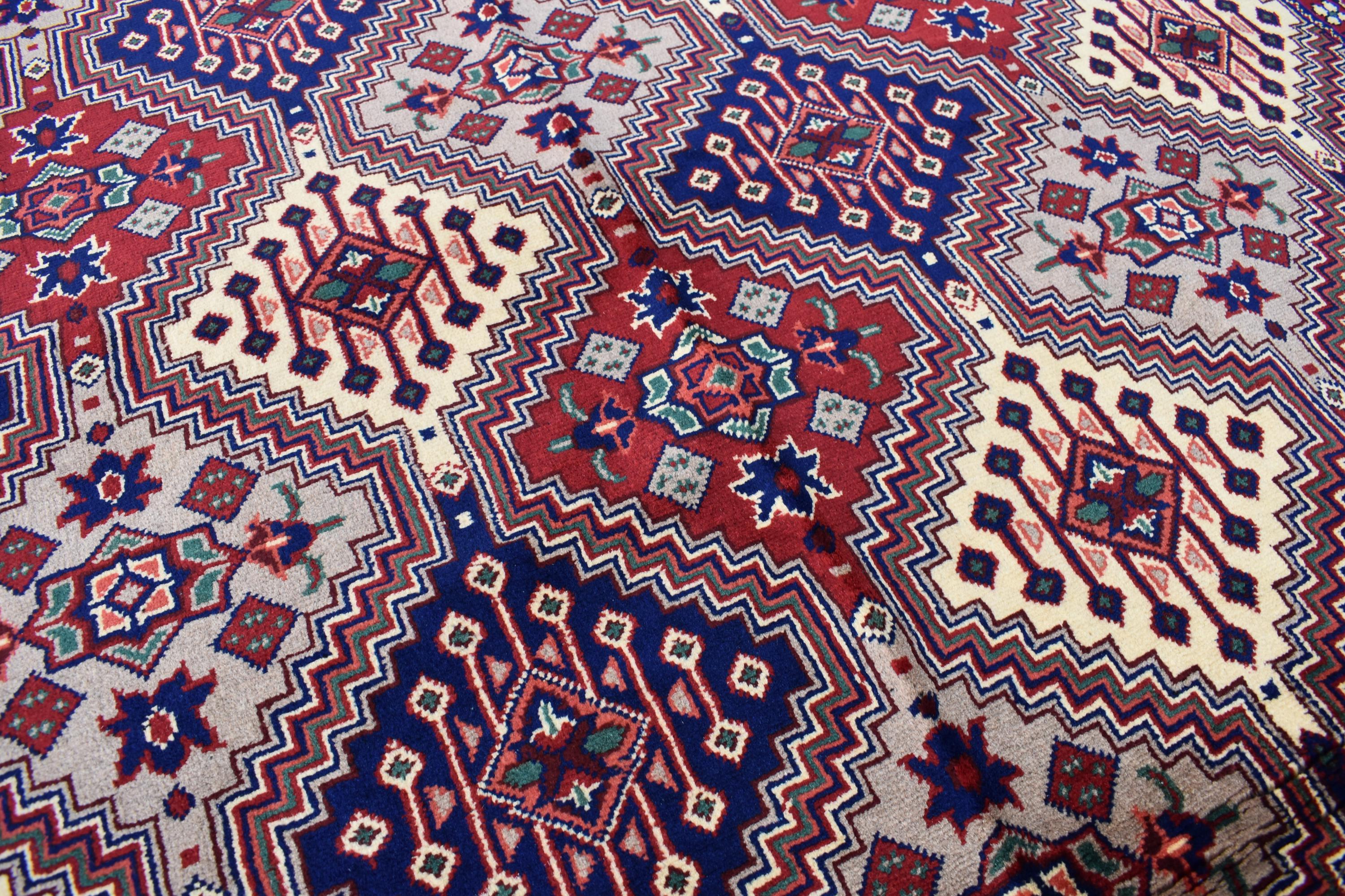 Handmade Afghan Geometric Wool Carpet - Traditional Tribal Design - 10.1x6.8 ft - Red, Blue & beige Wool Rug - Living Room Decor